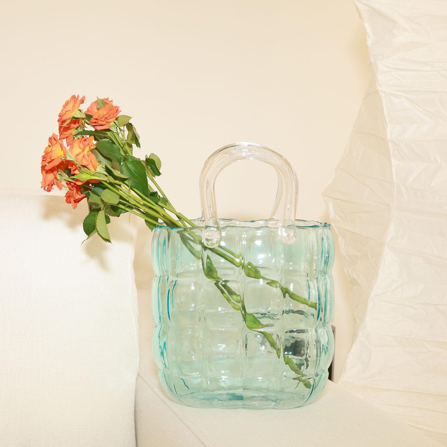 Glass vase - 10.6 inch Handbag-Shaped Woven vase That can be Filled with Water to Serve as a Fish Tank. Customized Gift Box Packaging is Available- Blue