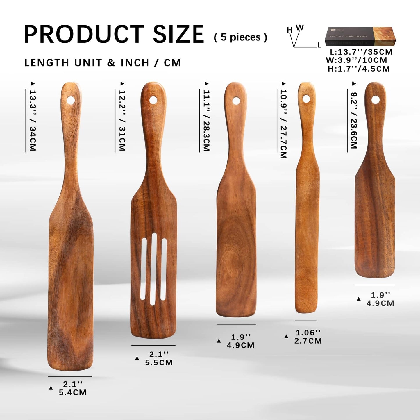Hefild Wooden Spatulas for Cooking Set of 5, Teak Spatula Set with Ergonomic Handles, Nonstick Safe Wooden Spoons for Cooking, Wood Utensil Set for Kitchen, Smooth Handcrafted Wood Spurtle