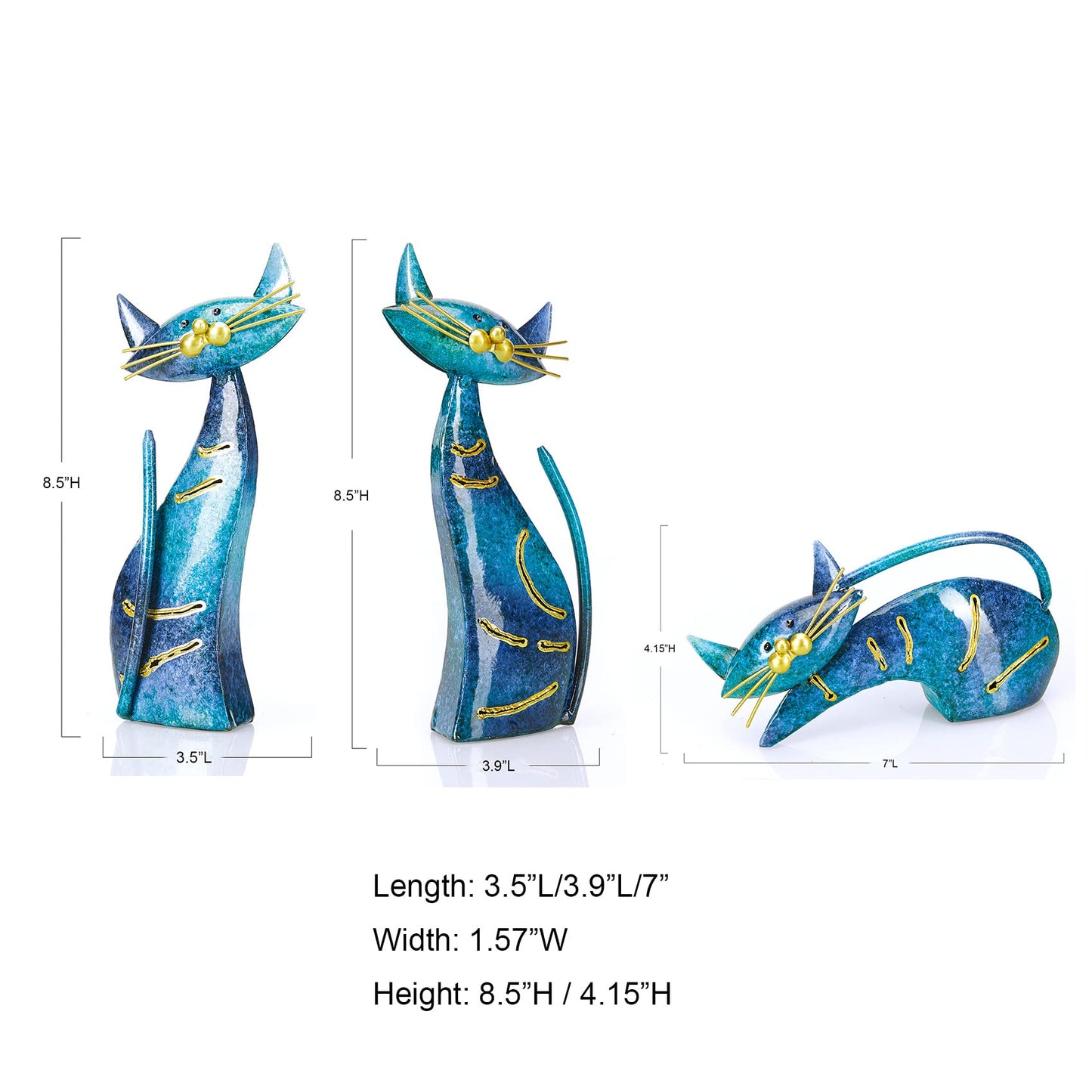 Aayla Cat Statues – Set of 3 Small Blue Aqua Cats Figurine Adorable Kitty Gift for Cat Lovers, Home Kitchen Decoration (8.5" H Blue)