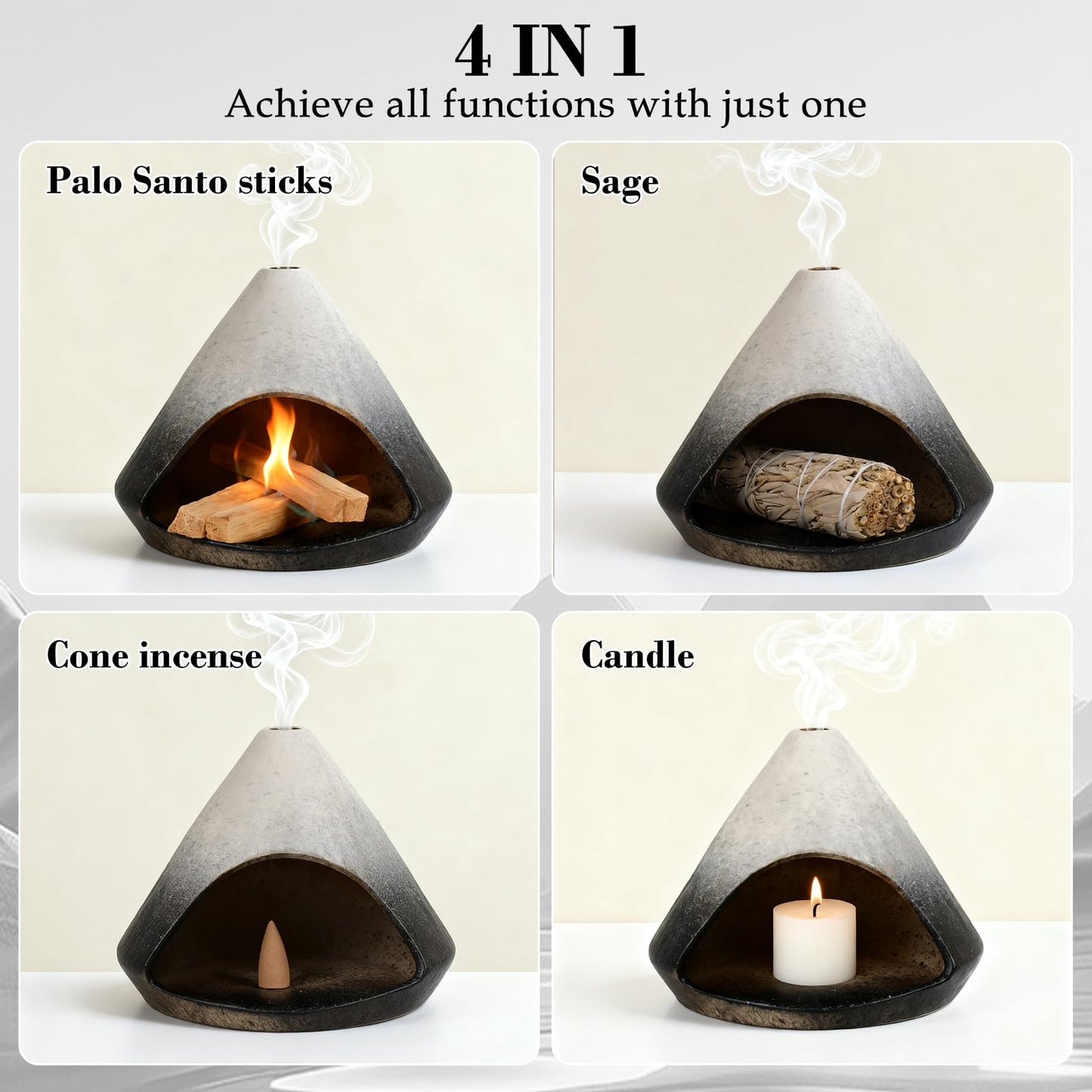 Fluvie Incense Burner Holder for Palo Santo Sticks,Sage,Cone,Mountain-Inspired Handcrafted Ceramic Ash Catcher Smudge Bowl for Yoga Meditation Energy Cleansing Room Décor,Black