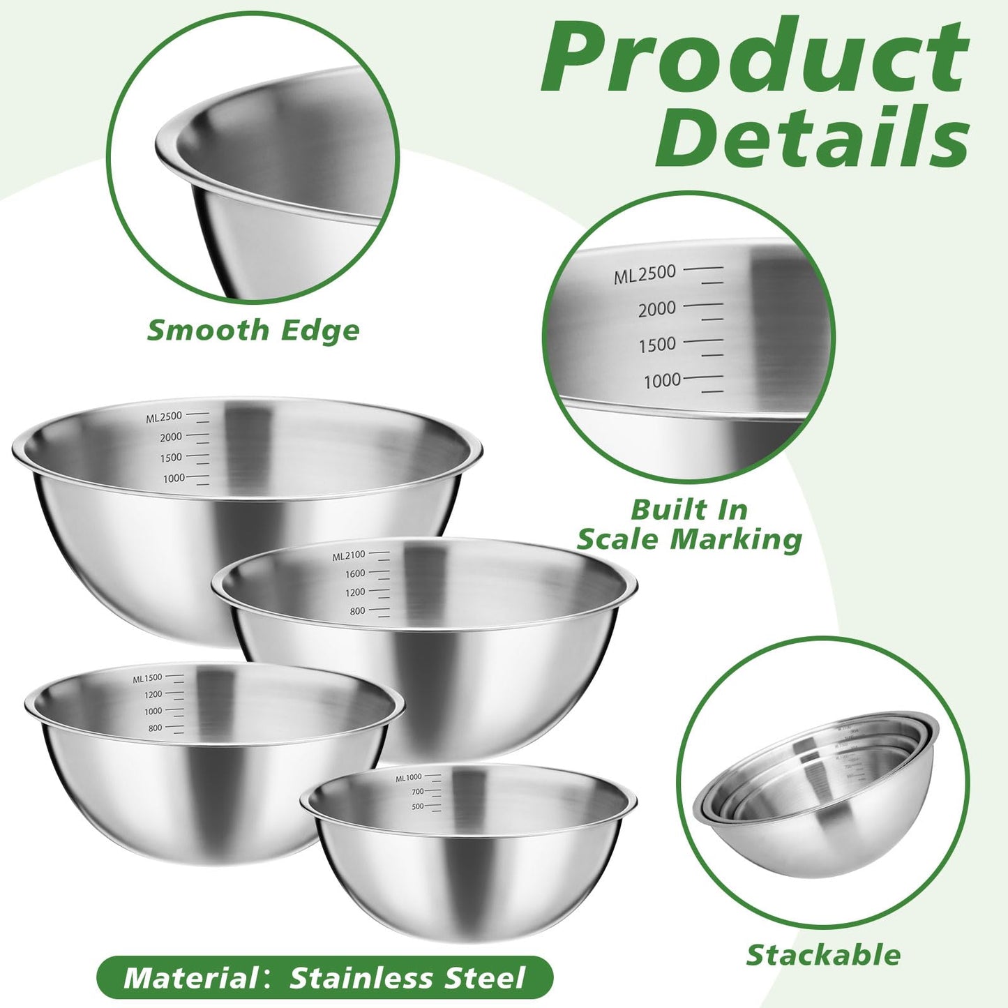 Honeydak 8 Pack Stainless Steel Mixing Bowls with Scale Meal Prep Bowls Dishwasher Safe Stainless Steel Salad Bowl Sizes 1.1, 1.6, 2.2 and 2.64 Qt for Kitchen Baking Cooking Prepping