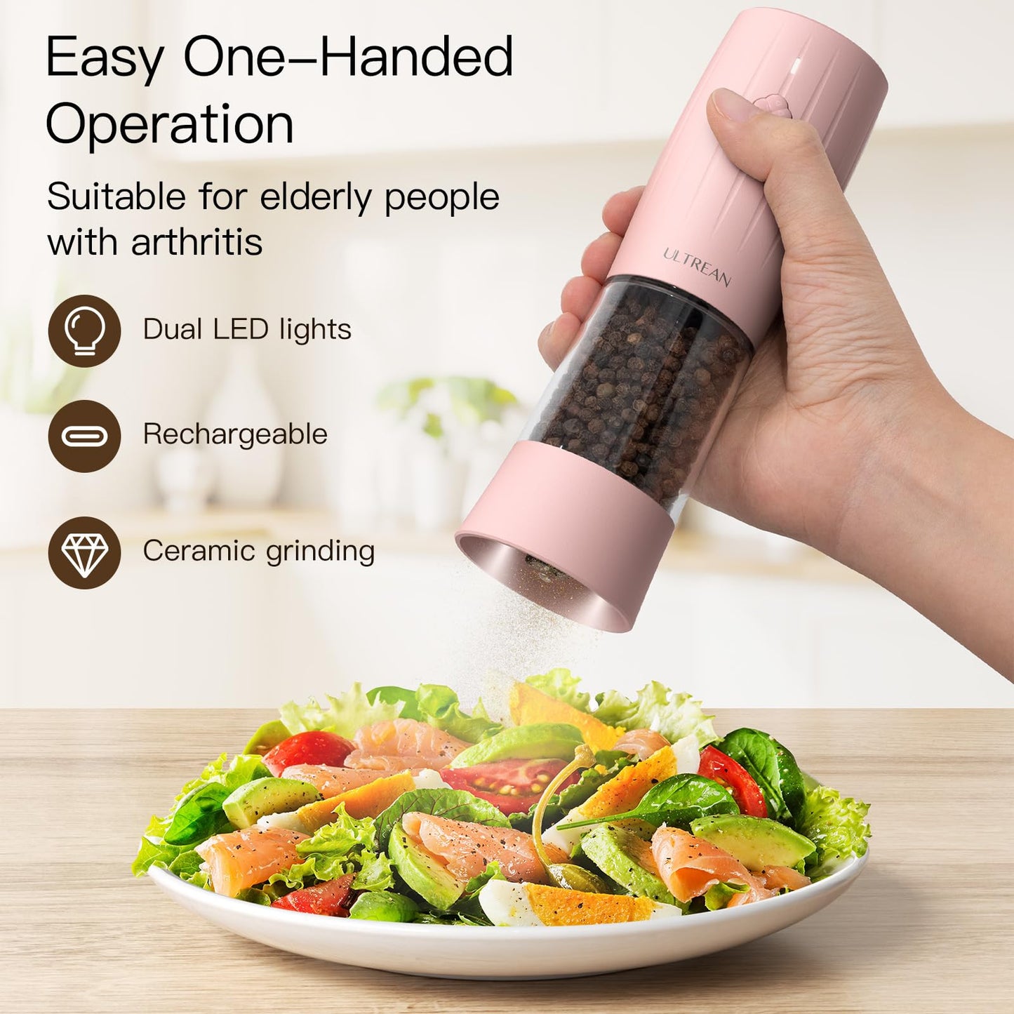 Ultrean Electric Salt and Pepper Grinder Set, USB-C Rechargeable, Salt and Pepper Shakers Spice Mill with 6 Adjustable Coarseness LED Light Larger Capacity, Kitchen Gadget, Gift for Women Mom, Pink