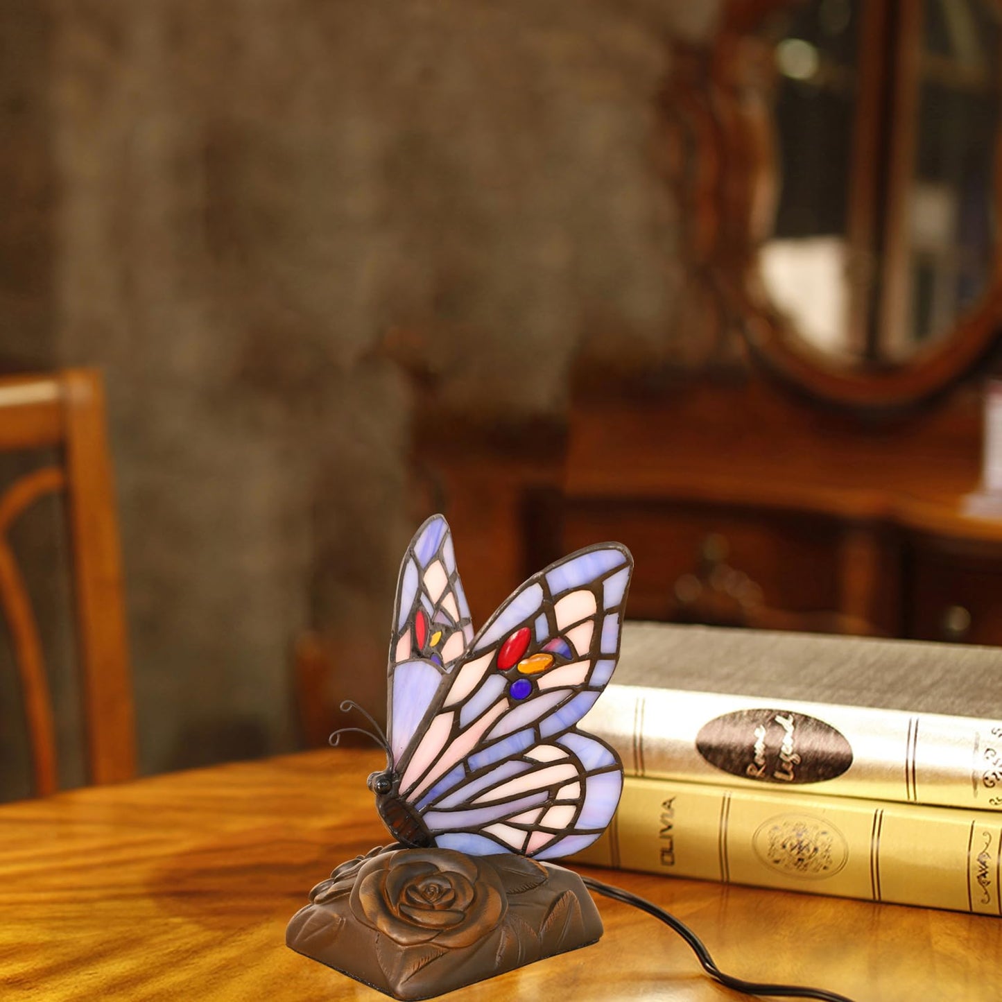 Tiffany Mini Table Lamp Blue Butterfly Stained Glass Cute Night Lights Hand-made 3 Color-temperature Table Lamps For Bedroom Bedside Nightstand Desk Lamps Christams Gifts (3X4X6.5inch) W/ LED Bulb