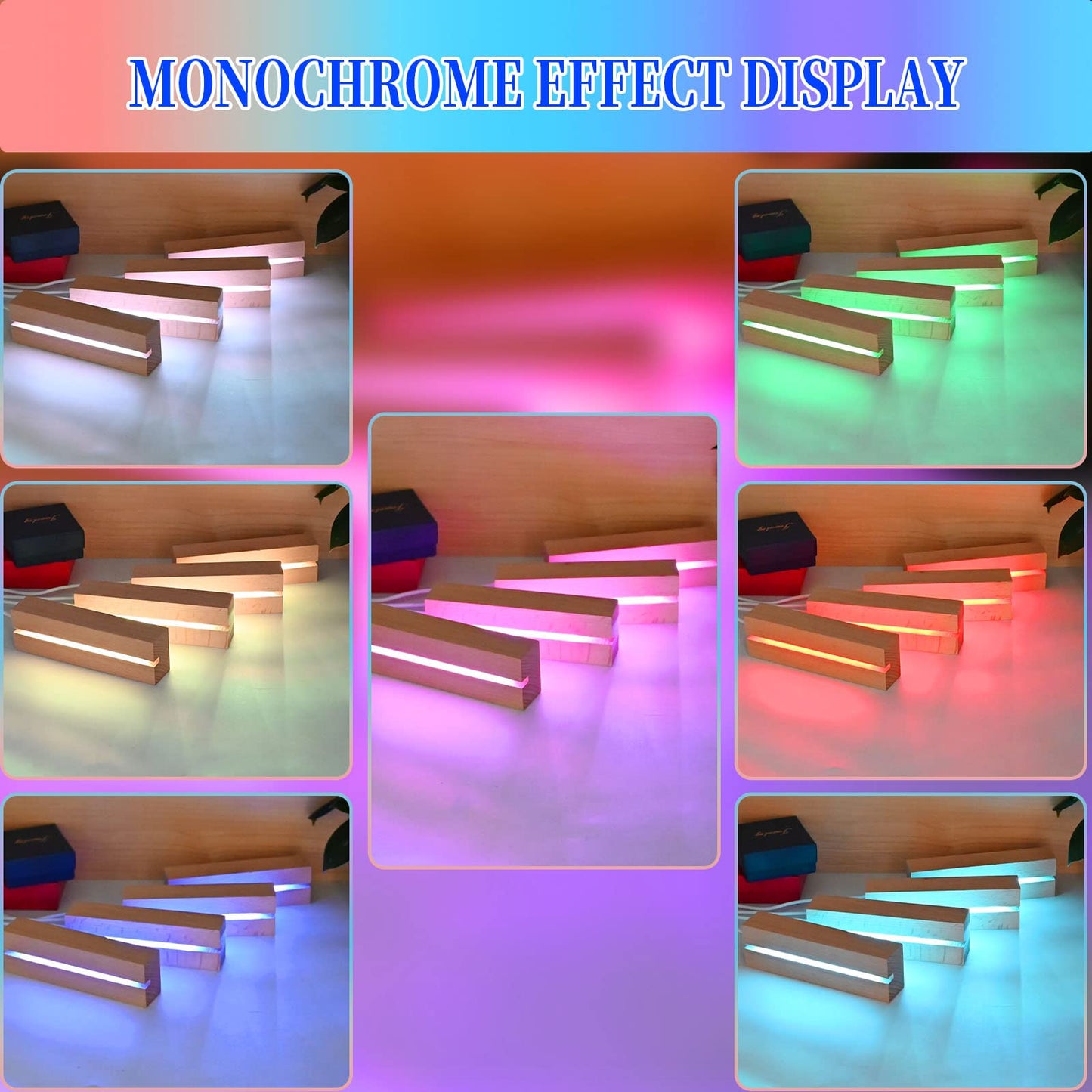 EATAKWARD 4 Pcs 5.9 Inch Wood Rectangle Light Display Pedestal, Wooden LED Display Base Dimmable Colorful Lights Lamp Stand for Acrylic, Crystal, Night Light, Glass Resin Art with USB Cable