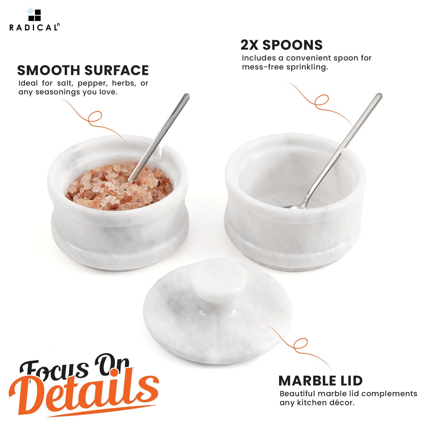 Radicaln Handmade Marble White 5.5” Dual Salt Cellar & Brown Sugar Keeper – 2.3” Each Herb Jar Salt Dish Kitchen Accesorries – Ideal For Jewelry, Butter, Sugar & Home Décor
