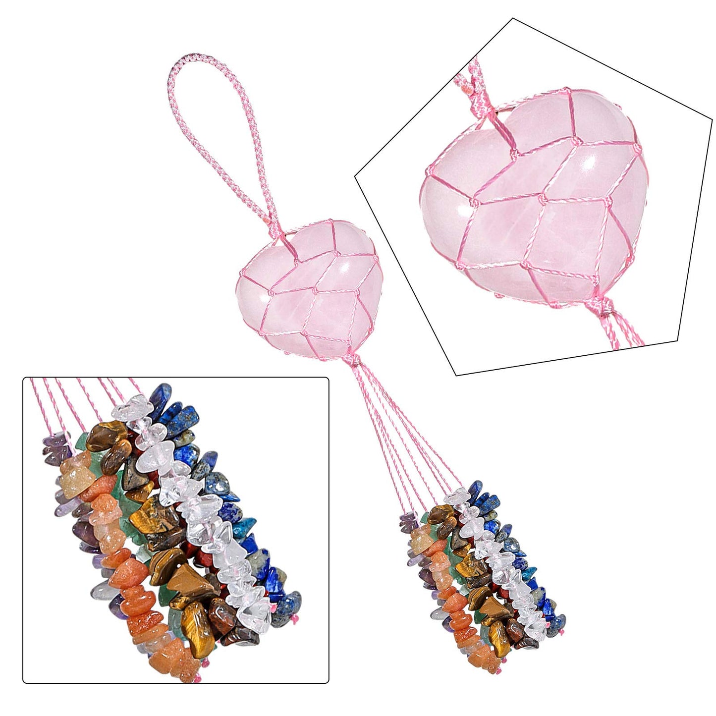 mookaitedecor Rose Quartz Heart Shape Hanging Ornament, 7 Chakra Healing Stones Tumbled Gemstones Crystal Tassels for Car & Home Decoration, Yoga Meditation
