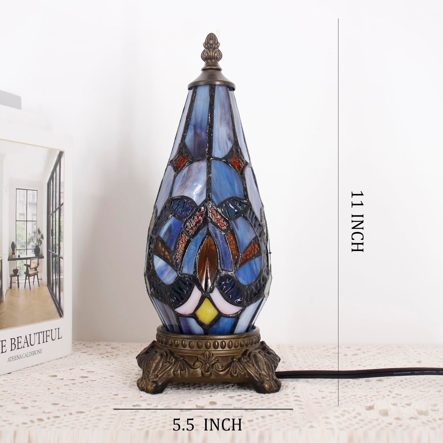 TCODTPOL Small Tiffany Lamp Stained Glass Table Lamp 5.5X11 Inch Christmas Tree Lighthouse Mini Accent Memory Sympathy Antique Night Light for Bedroom Living Room (Blue Purple)