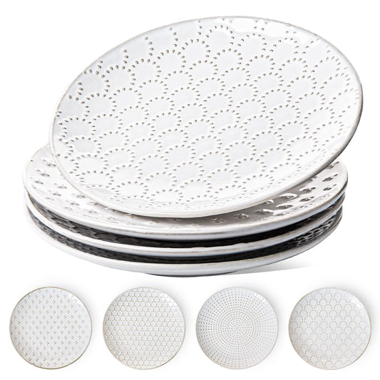 LE TAUCI Ceramic Salad Plates Set of 4, 8 Inch Embossed Appetizer Plates for Kitchen, Small Dessert Plates, Microwave & Dishwasher Safe Dinnerware Sets - Arctic White
