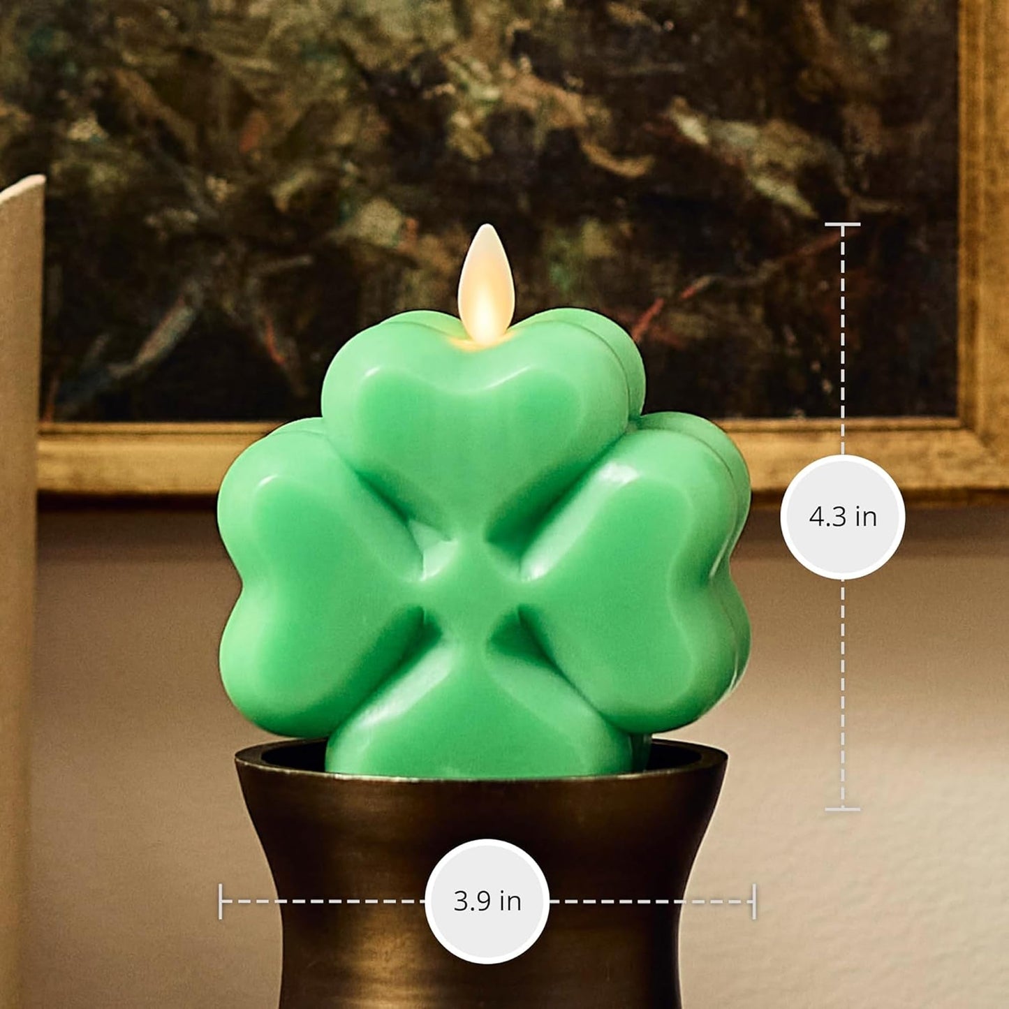 Luminara 4-Leaf Clover Candle - Flickering Real-Flame Technology- Flameless LED- Remote Ready- Classic Green St. Patrick's Day Shamrock- 3.9" x 4.3"