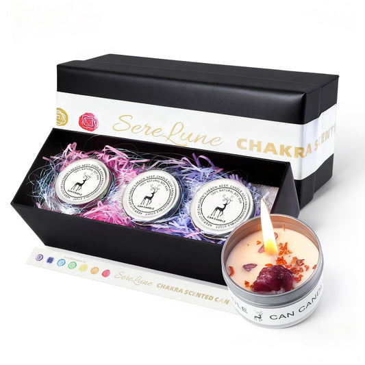 SereLune Chakra Crystals Candle, 3 Scented Soy Candles with Crystals, Spiritual Gifts for Women, Birthday Gift, Aromatherapy Chakra Candle with Healing Stones, Healing Candles (Heartfelt Balance Set)