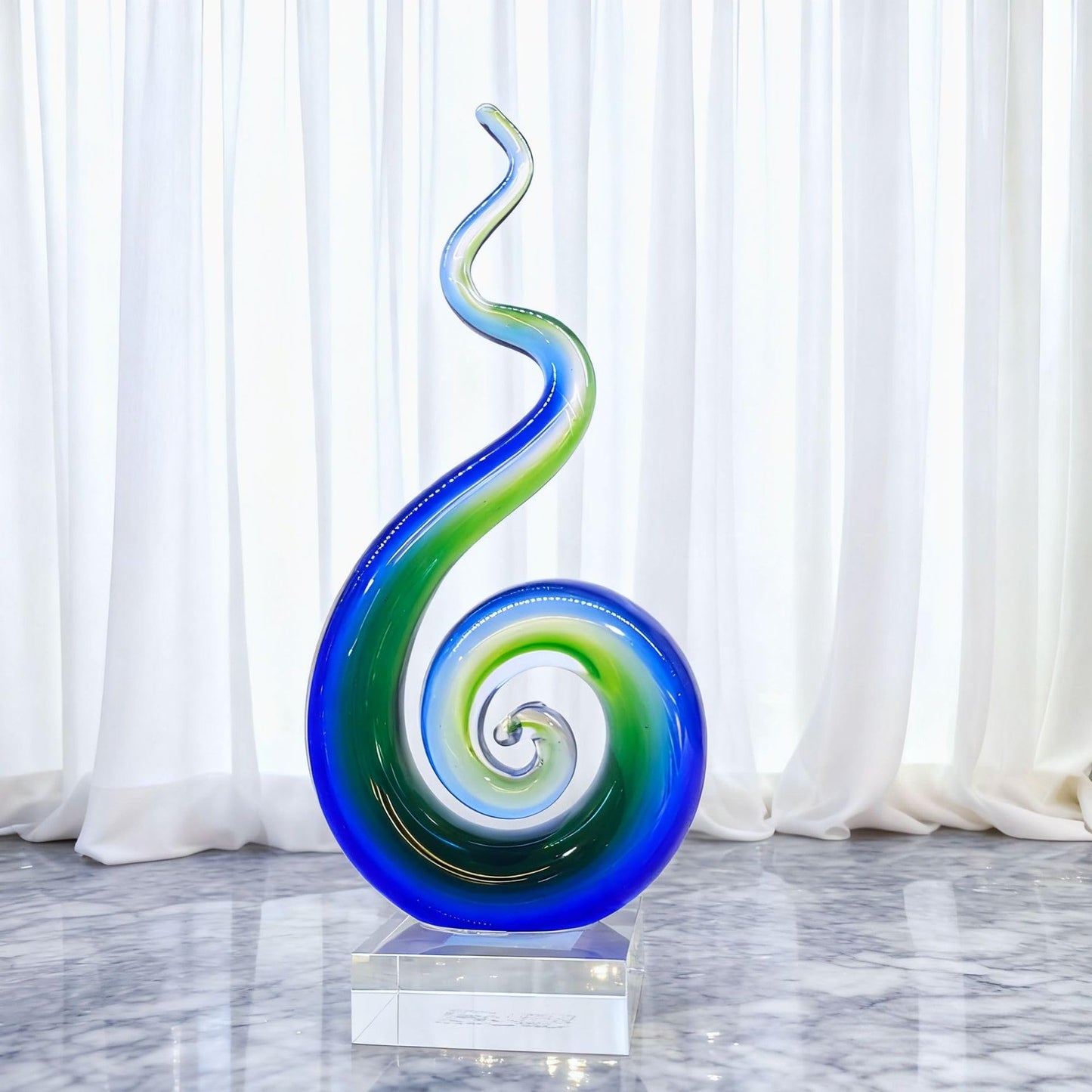 WINGSIGHT Handmade Blown Glass Sculpture, Abstract Spiral Design, Blue and Green Art Ornament with Clear Base, European Style Tabletop Decor