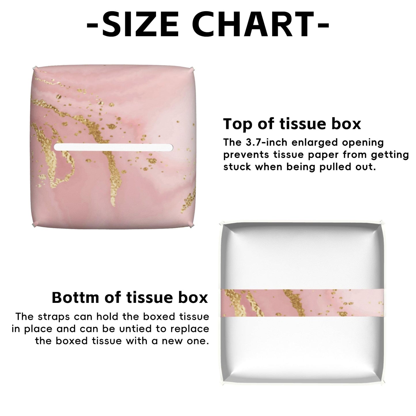 Pink Marble Tissue Box Cover Square,Tissue Box Holder with Belt Bottom,Stylish Leather Napkin Holder for Vanity Countertop,Nightstands,Office Desk,5.2"×5.2"×5.2"