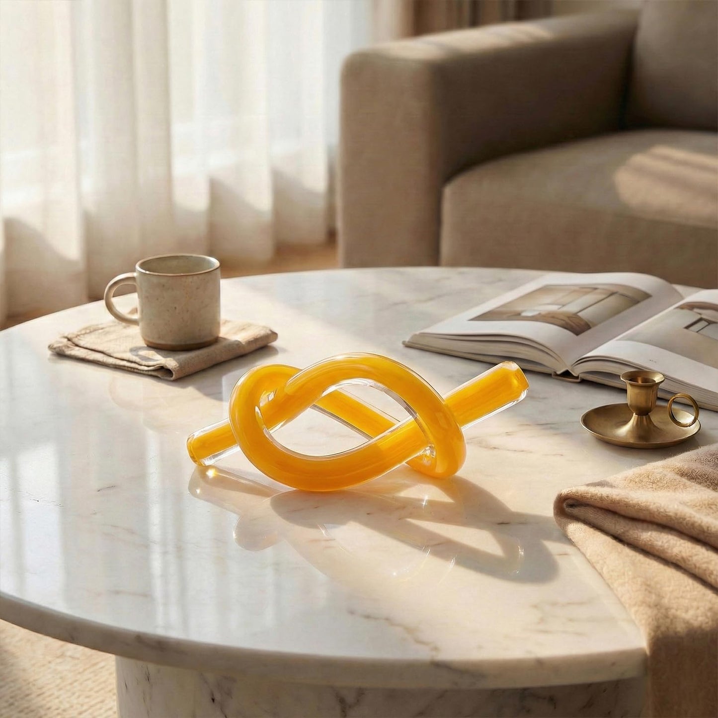 LCCCK Yellow Abstract Glass Knot Sculpture, Hand Blown Glass Decor for Coffee Table TV Cabinet, Shelf or Mantel Accent, Modern Knot Art for Coastal Living Room Tabletop Knick Knacks