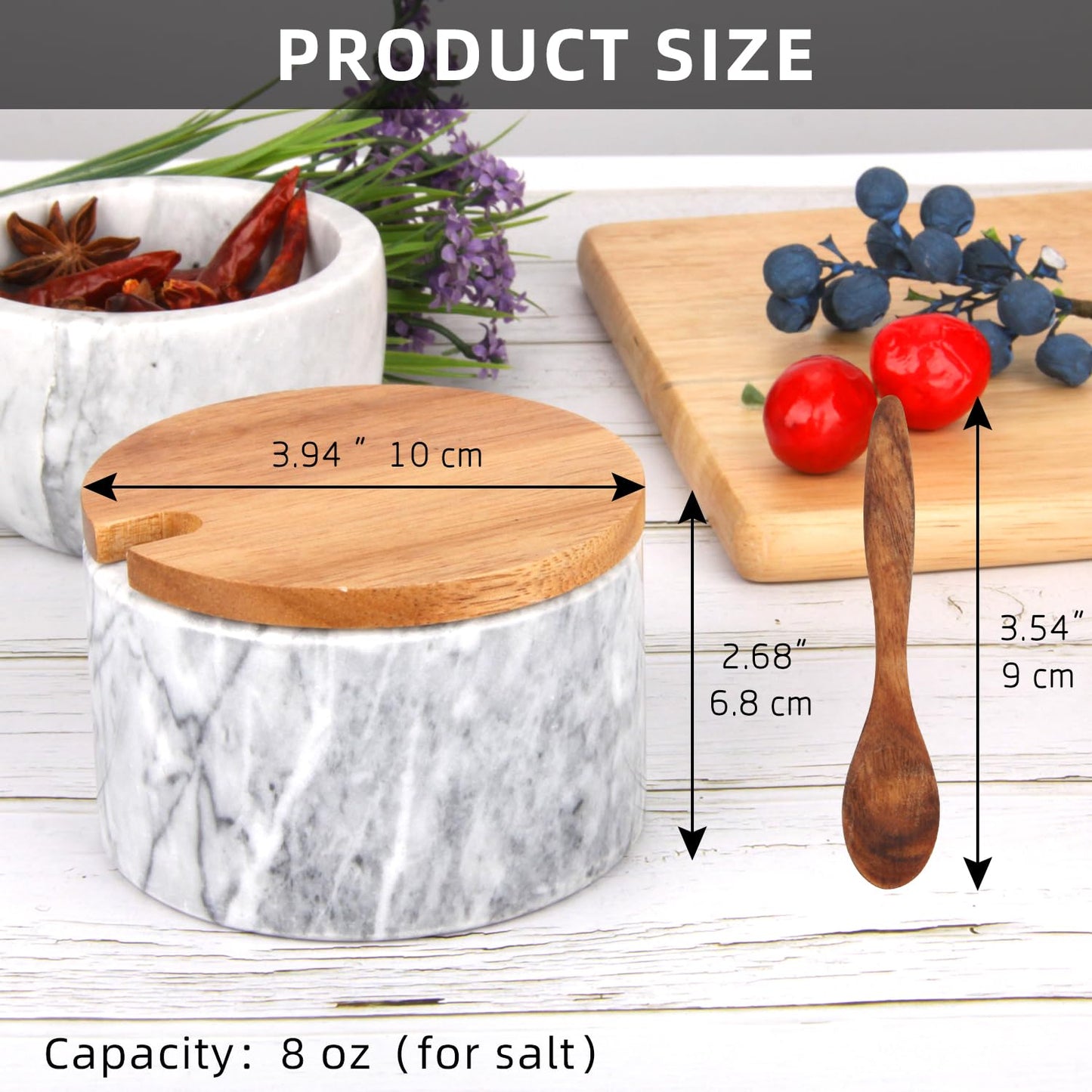 HESHIBI Marble Salt Cellar Box with Wood Lid & Spoon, Modern White Stone Salt or Pepper Sugar Spice Seasoning Bowl Container Jar Holder Well Keeper Dish Pig Crock for Kitchen (Light Grey Bowl)