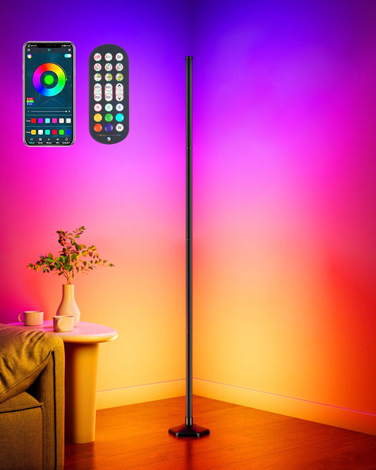 Smart RGB LED Corner Floor Lamp with App and Remote Control, 65" Color Changing Standing Lamp with Music Sync and 16 Million DIY Colors, Modern Floor Lamps for Bedroom Living Room Gaming Rooms