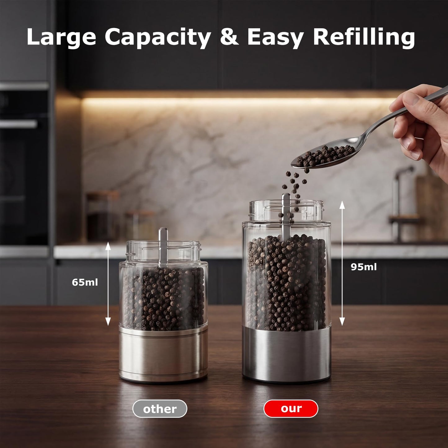 Bonsenkitchen Electric Salt and Pepper Grinder Set, 95ml Large Capacity, Clean Brush, Stainless Steel Adjustable Pepper Mill with LED for Kitchen, BBQ & Camping, Battery Powered (Not Included)