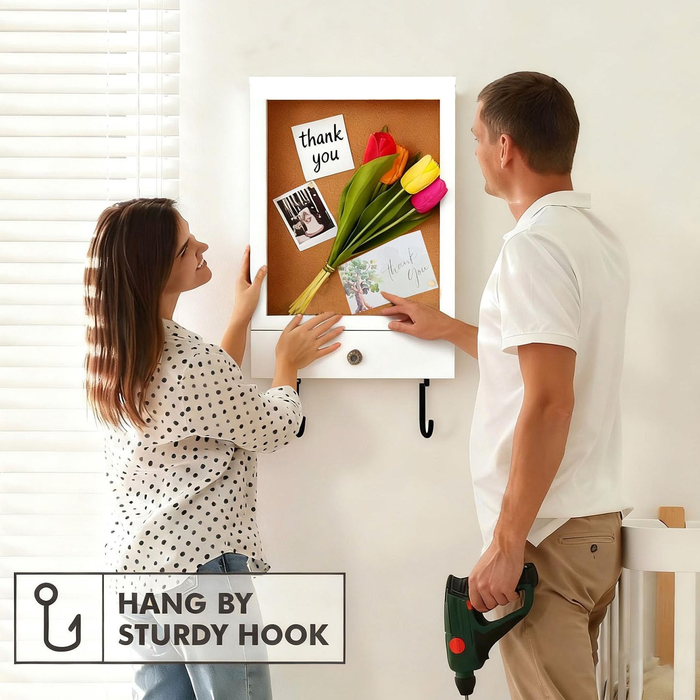 Shadow Box with Drawer & Hanging Hook – 3D Display Case for Photos, Awards, Medals & Keepsakes | Hidden Storage Organizer | Glass Front Frame (White)