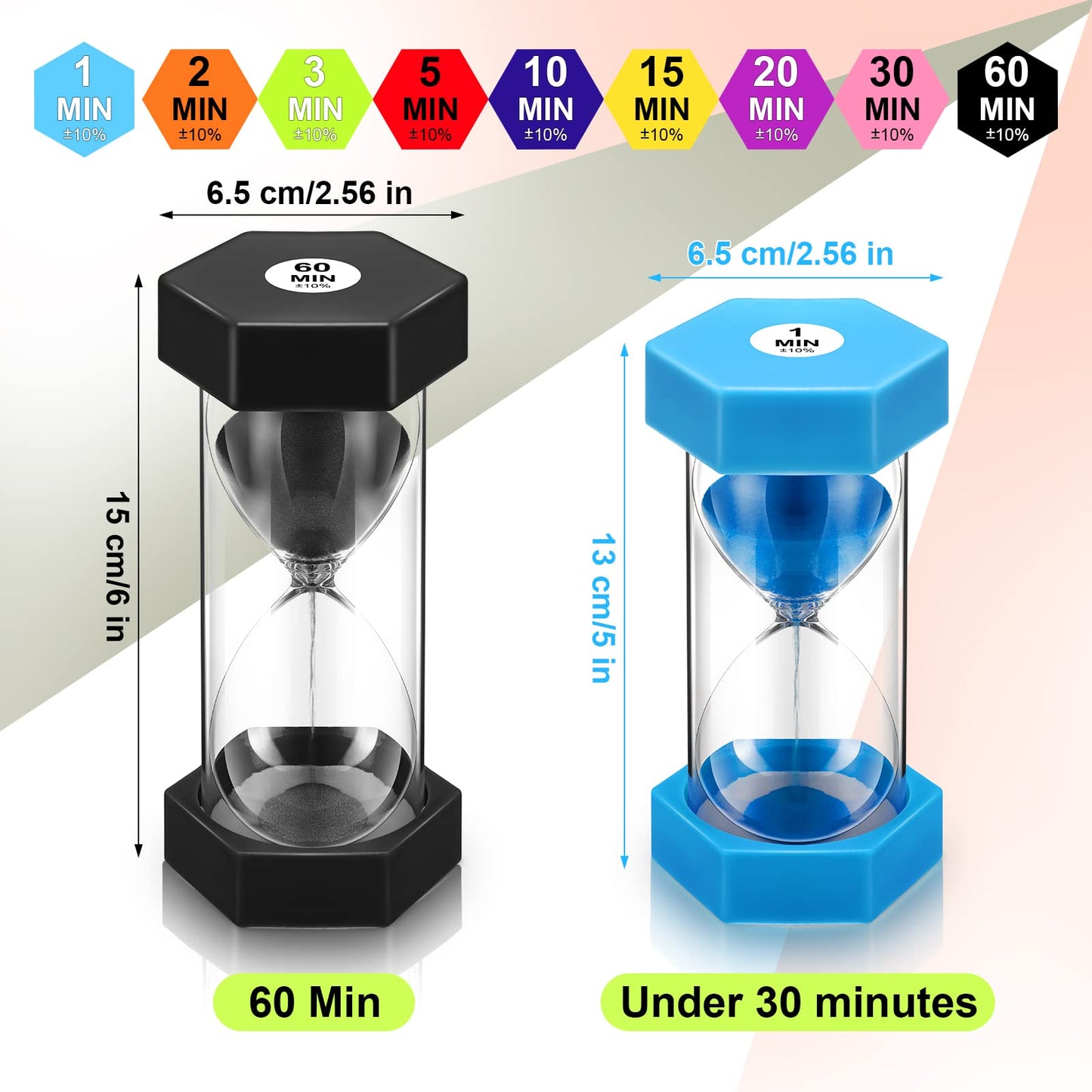 Yunsailing 9 Packs Colorful Sand Timer Hourglass Set 1/2/3/5/10/15/20/30/60 Minutes Visual Sand Clock Timer Plastic Sandglass for Home Office Kitchen Game Use(Classic Colors)
