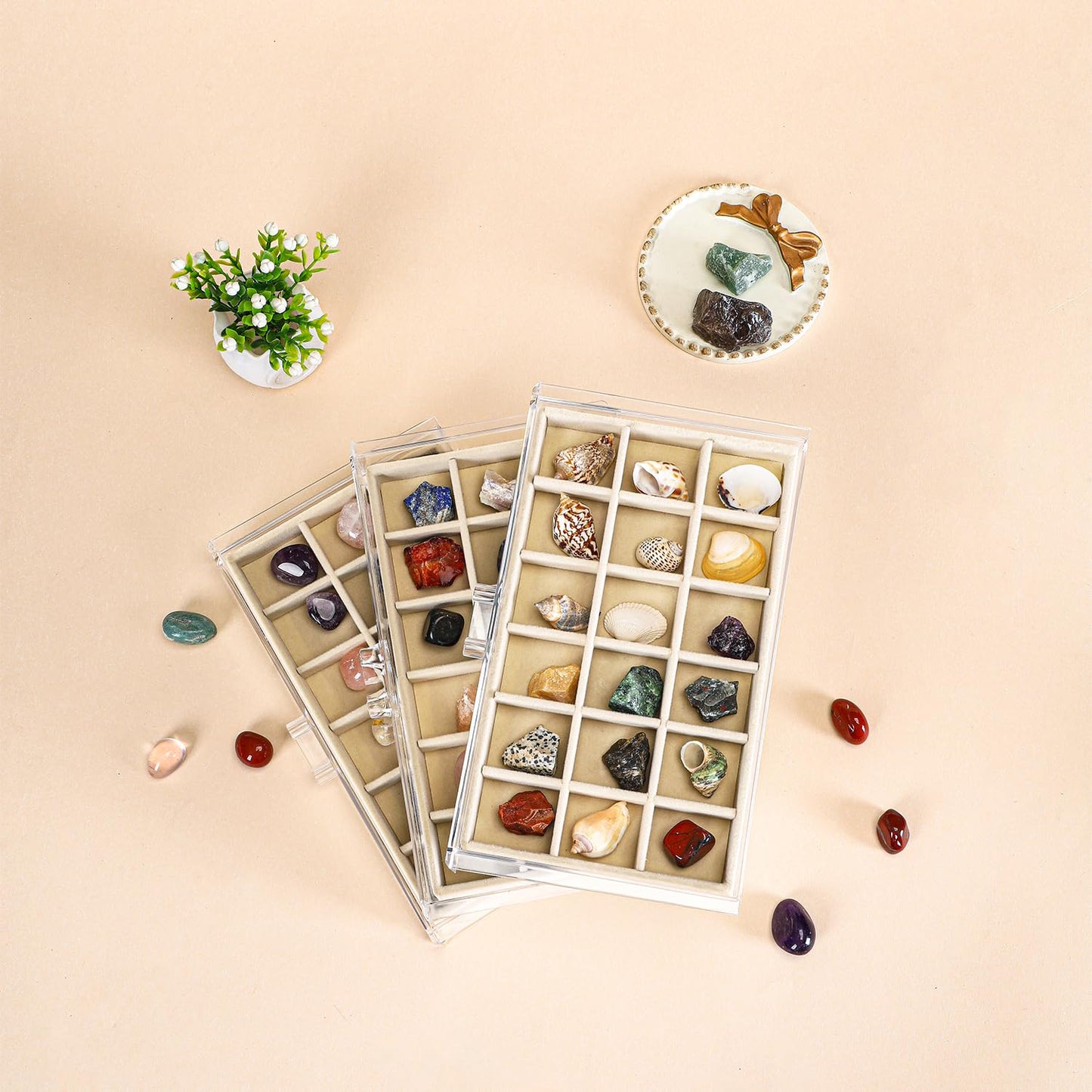 CLUQMEIK Acrylic Rock Collection Display Case with 54 Grids Storage Compartments Rock Collection Boxes Display Organizer Collection Storage Display Cases for Collectibles Crystal /Rock（Beige）