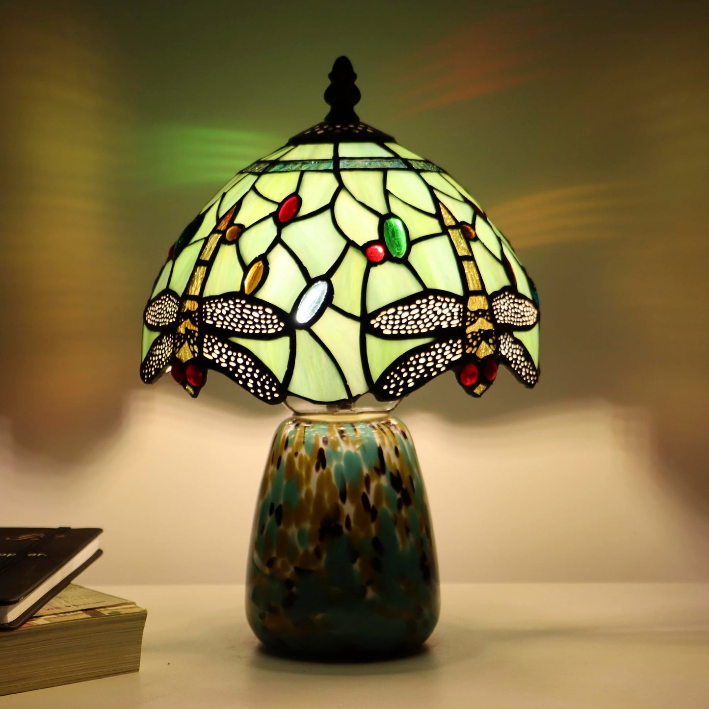 Tiffany Mushroom Table Lamp Dragonfly Style Grass Green Stained Glass Accent Lamp Brown Blue Glass Base 8X8X12 Inch