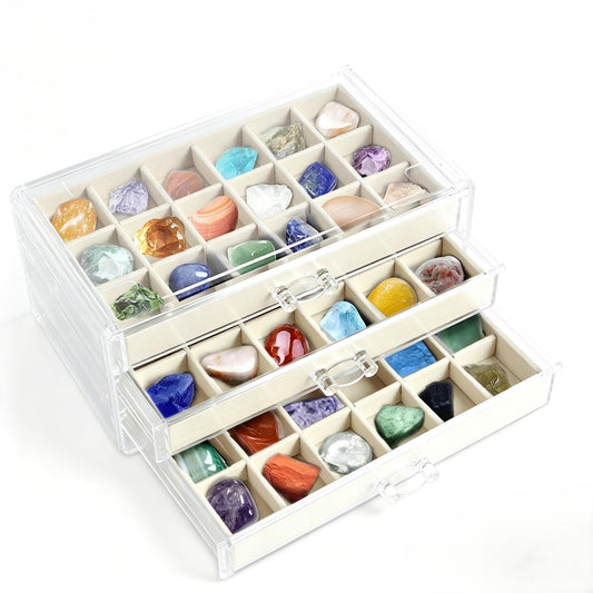 54 Grid Rock Collection Display Case for Kids, 3-Layer Acrylic Mineral & Crystal Storage Box, Velvet Gemstone Organizer Showcase, Ideal Geology Gift for Boys & Girls
