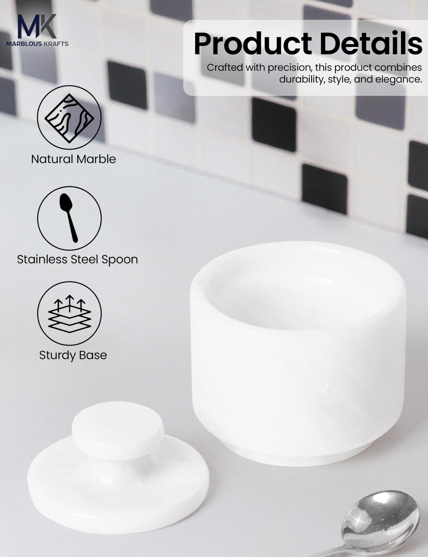 MARBLOUS KRAFTS Marble Salt Cellar 3" Inch White Celtic Salt, Seasoning Containers for Kitchen Decor, Set of 2 Spice Jars, Countertop Storage, Sugar Bowl with Lid and Spoon, Ideal Gift for New Home