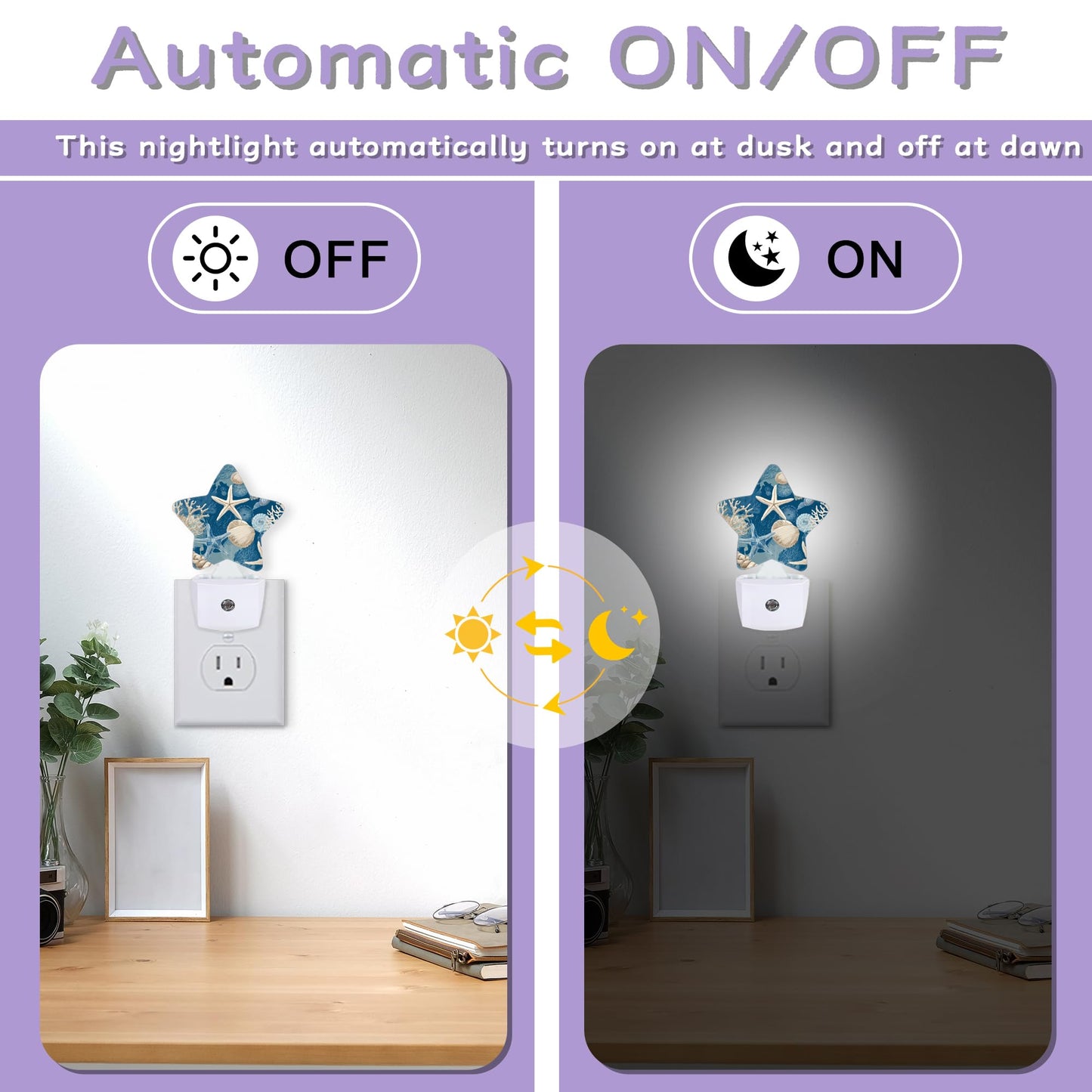 ICRICR Nightlight,Coral Starfish Decorative Night Lights Plug Into Wall,Seashells Night Light with Auto Sensor for Bedroom,Nursery,Hallway,Stairway,Gifts
