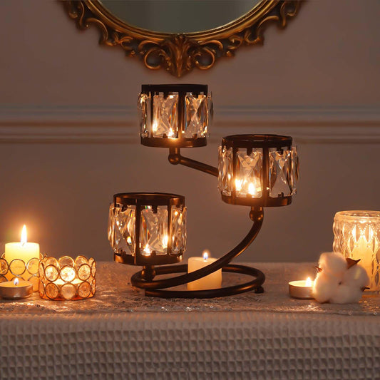 Metal 3 Arm Crystal Candle Holder - Tea Light Centerpiece Candle Holder, Votive Holder with Sparkling Crystal Bowl, Suitable for Wedding, Table Centerpiece, Home Decor (1, 3 arm-Black)