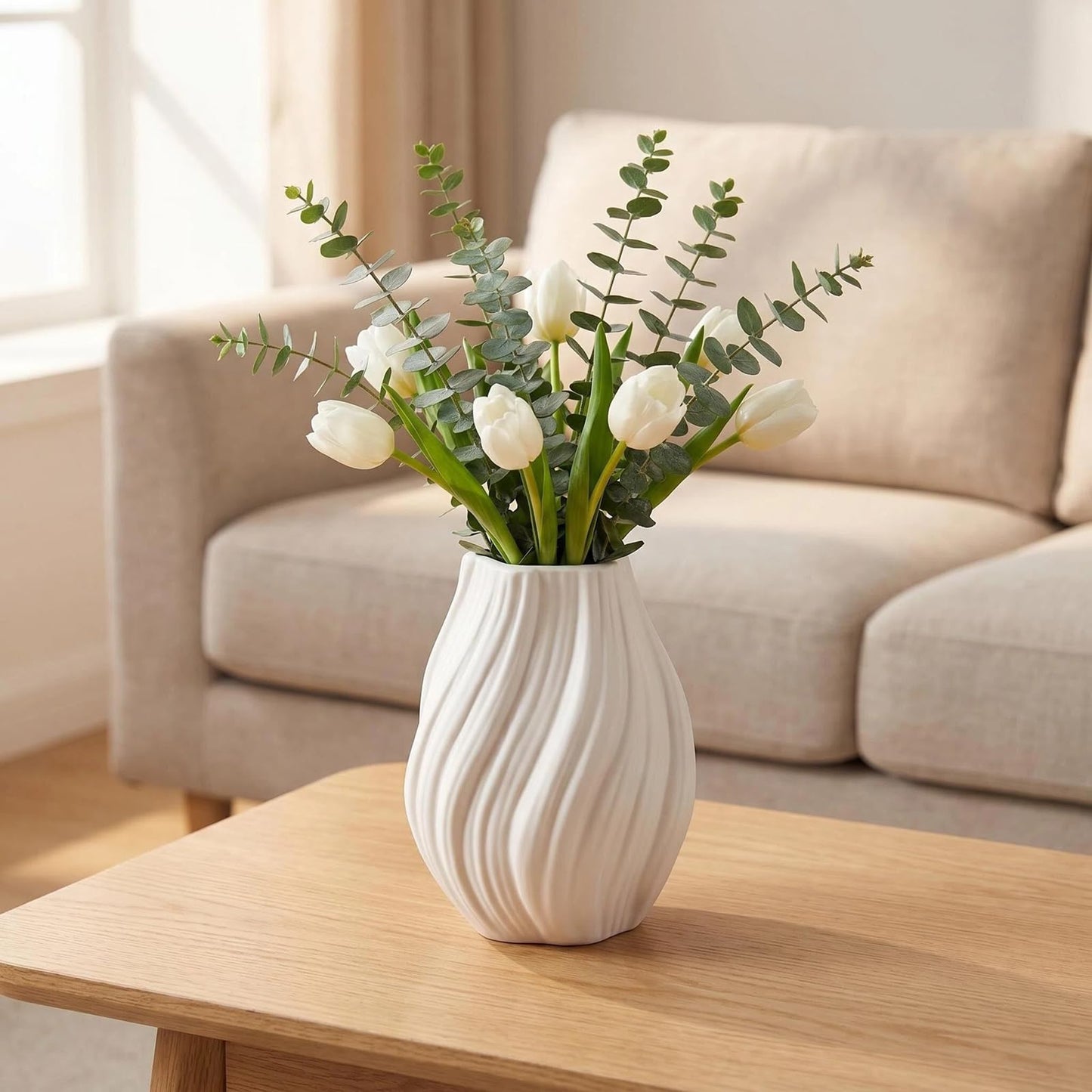 Modern White Ceramic Vase,Nordic Boho Geometric Striped Round Decorative Vase for Living Room,Shelf, Wedding&Dining Table Centerpiece, Farmhouse Home Decor, Office Decoration, Decorative Pottery