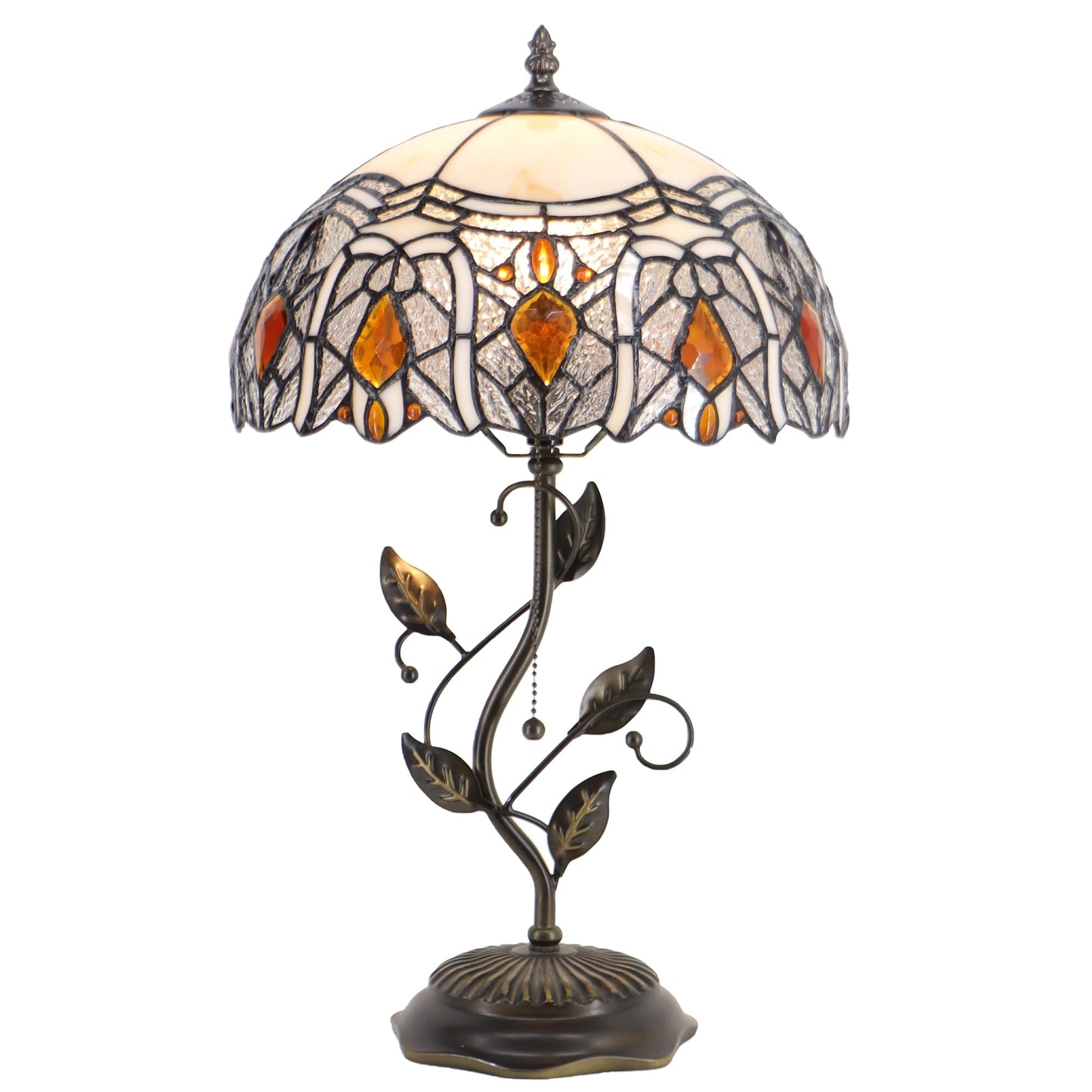 HZYFFYU Tiffany Table Lamp Stained Glass Desk Lamp Metal Leaf Base Reading Light 12X19 Inch (Crystal Style)