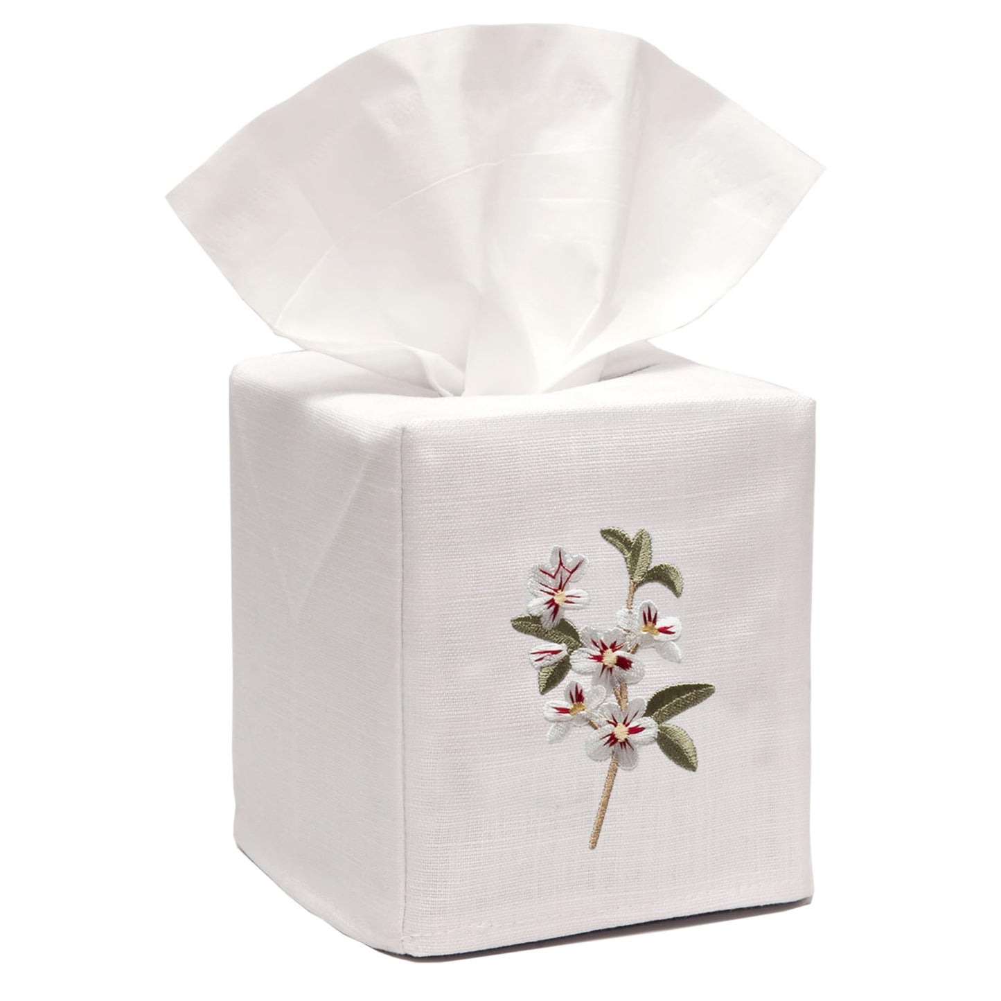 Jacaranda Living Square Tissue Box Cover, Linen/Cotton Fabric Tissue Holder, Decorative Cloth Tissue Cube Cover, Botanical Designs, Apple Blossom (White)