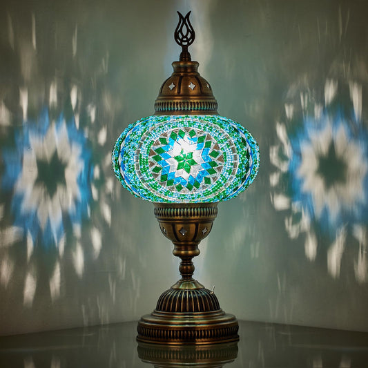 DEMMEX Battery-Operated Turkish Moroccan Mosaic Table Lamp – 12” H, 5” W, Portable Stained Glass Lantern for Indoor & Outdoor Use, Cordless Handmade Decorative Light for Bedroom, Patio & Camping, Teal
