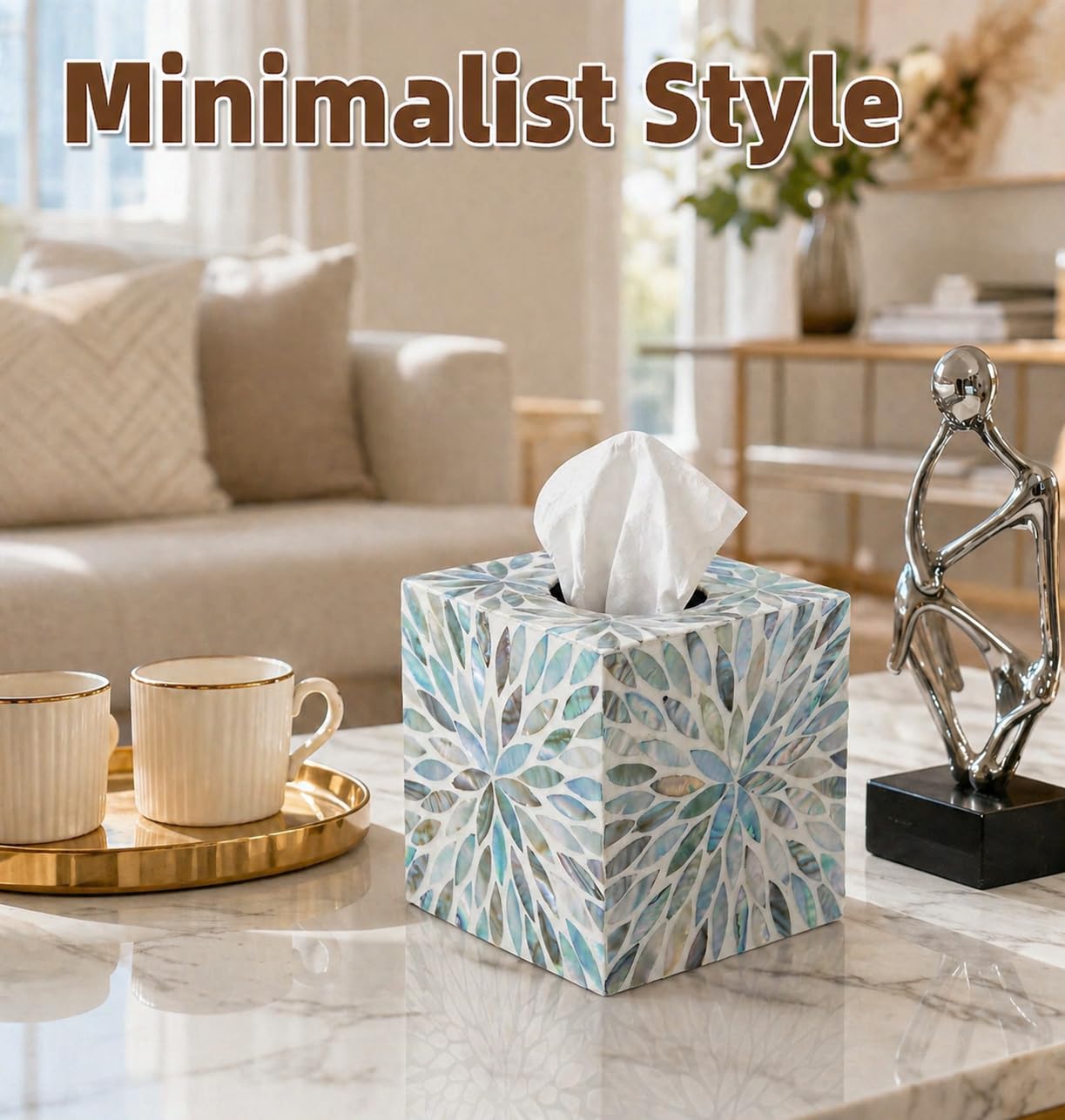Elegant Mother of Pearl Tissue Box Cover, 5.9 Inch Cube Square Napkin Holder, Decorative Table & Bathroom Organizer with Rustic Charm, Mother of Pearl Bathroom Accessories (Seafoam)