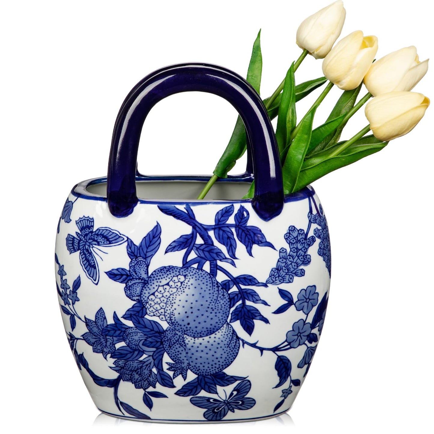 Ceramic Purse Vase for Flowers, Blue and White Porcelain Vases for Centerpieces Decorative Medium Handbag Vases for Flowers Pottery Chinoiserie Vase for Living Room Kitchen Dinner Table Shelf