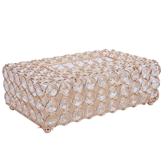 Rectangular Artificial Crystal Tissue Box Cover Stainless Steel Tissue Holder for Home and Car (Rose Gold)