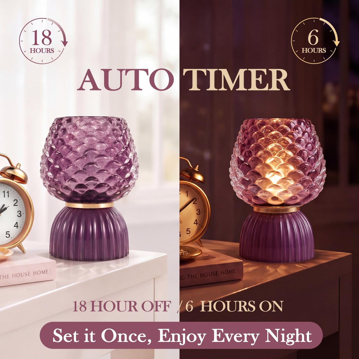 SisiHokai Battery Operated Lamp with Timer, Cute Small Cordless Glass Table Lamp for Home Decor, Kitchen, Bathroom, Birthday Gift for Women, Pinecone, Purple