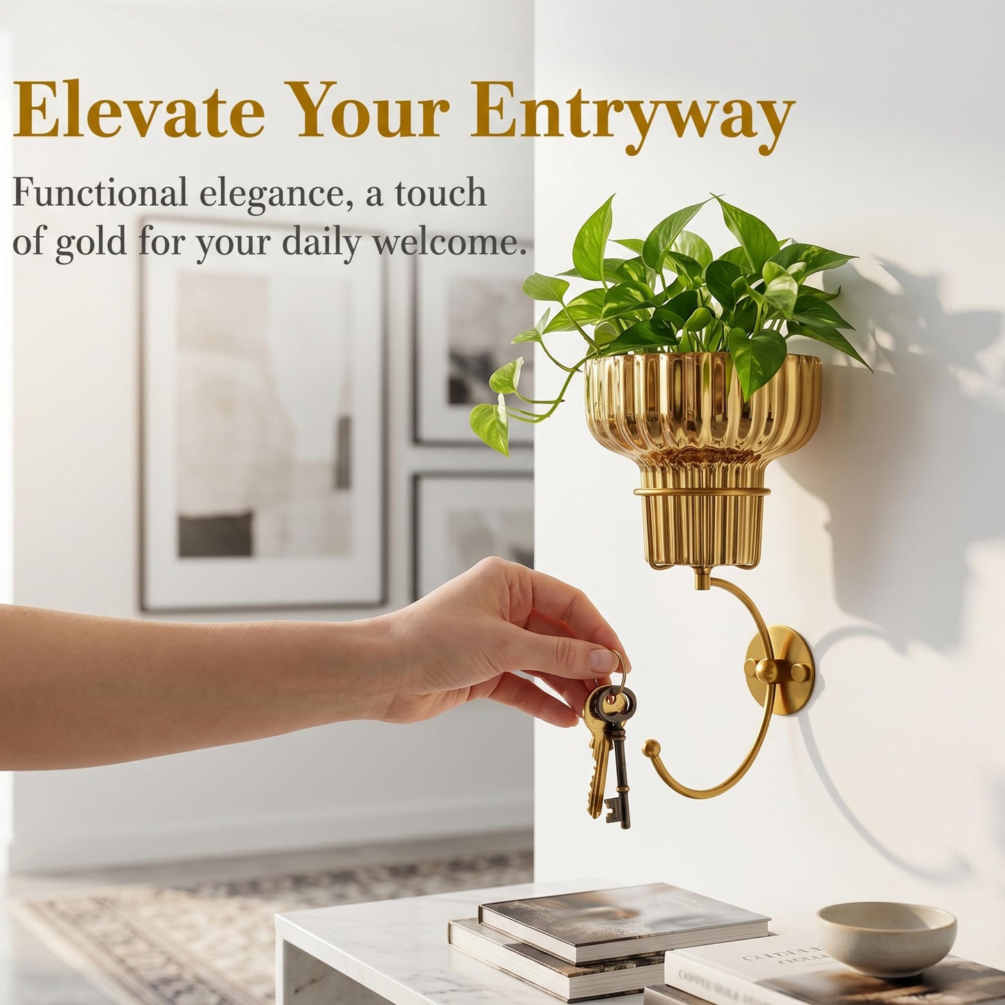 MAUYAR Hanging Plant Wall Vessel for Flowers with Hook, Indoor Outdoor Boho Bathroom Decor Wall Art Planter Mounted Vase (Gold)
