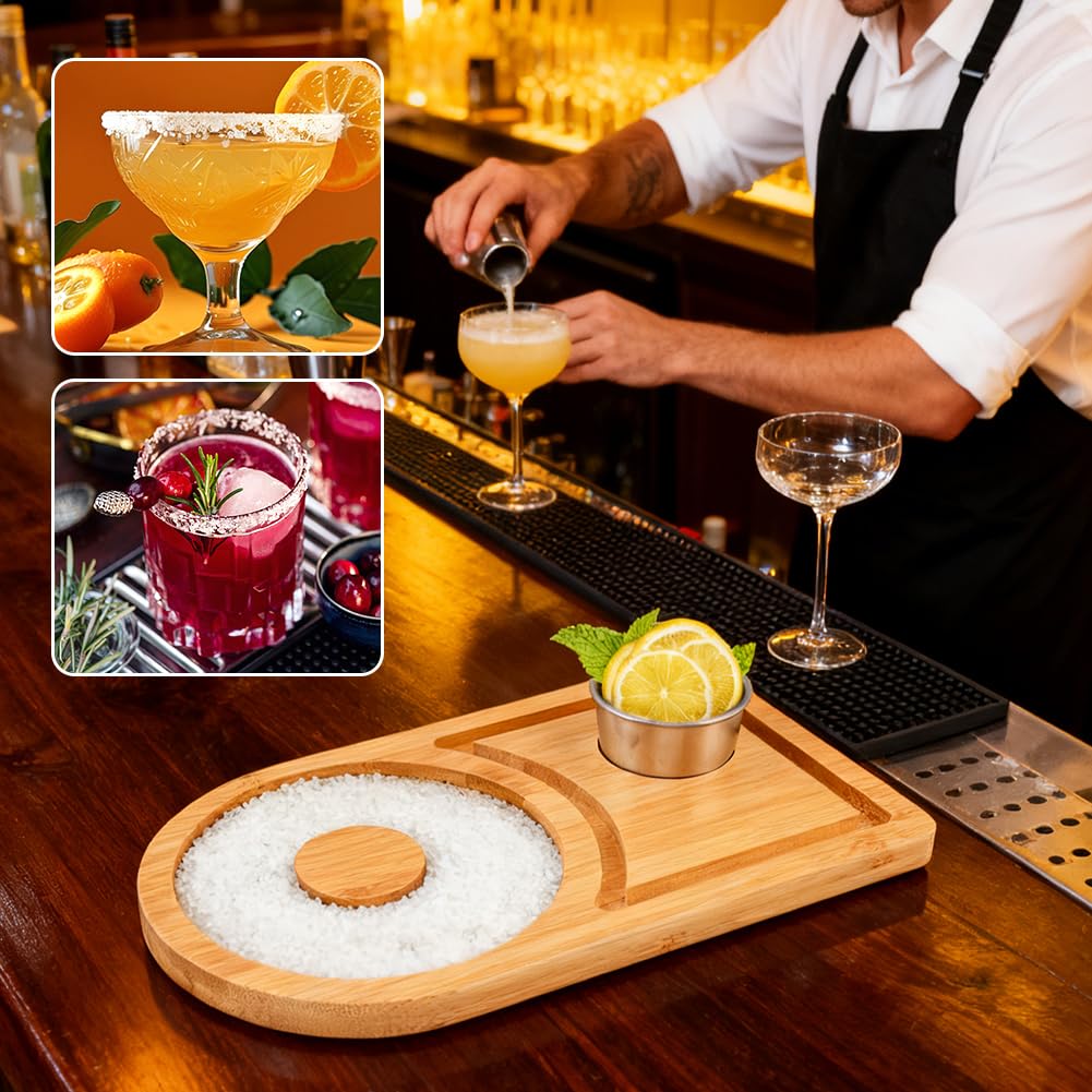 Margarita Salt Rimmer Set, Wood Margarita Rimmer Set with Bowl for Cocktail, Party Sugar and Salt Drinks Bartender Tool for Home Bar Celebration(COLOR:Wood)