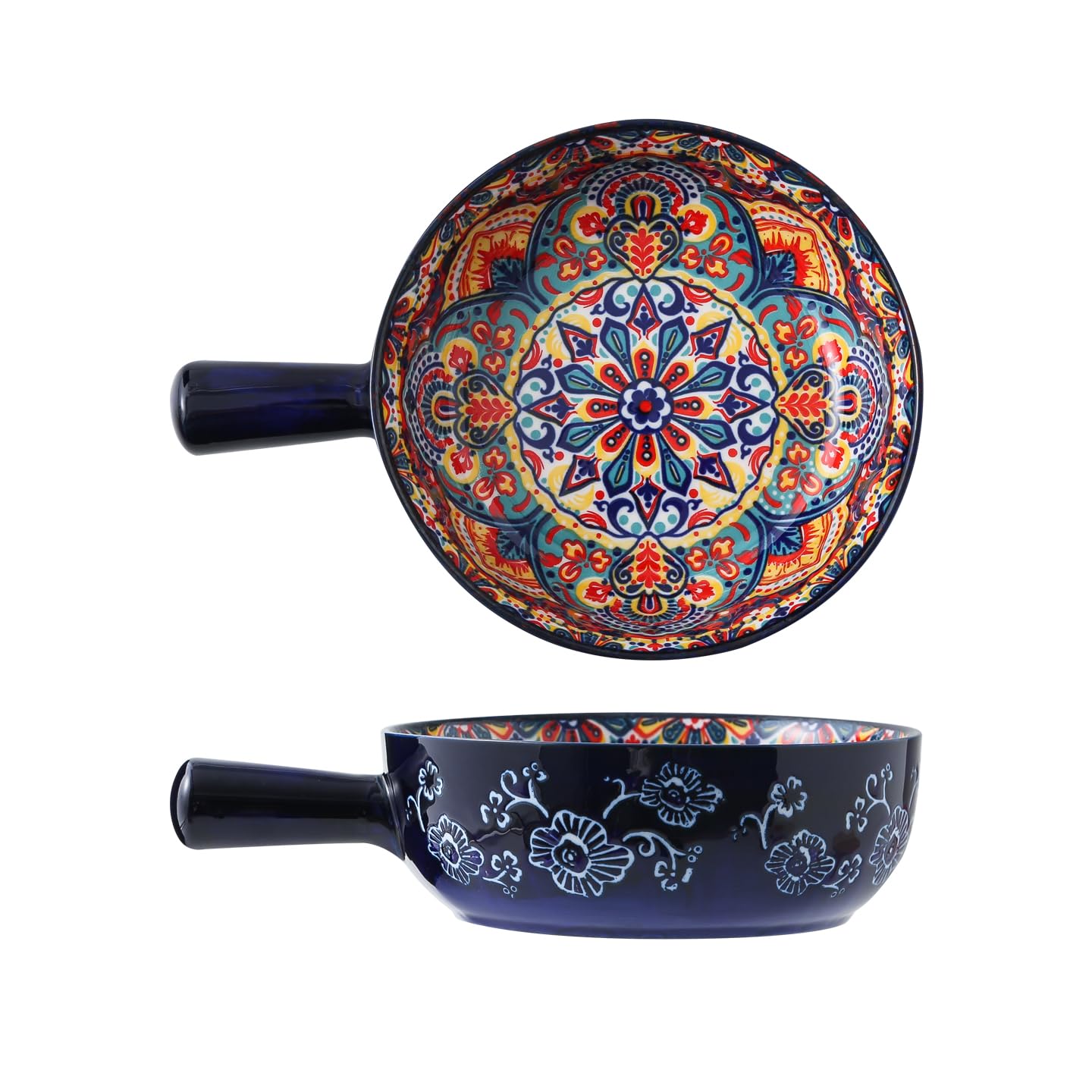JINNTHE 1PC Ceramic Soup Bowl with Handle – 23oz, 9 Inches Bowl Handmade Shallow Bowl Colorful Floral Microwave & Dishwasher Safe Pasta/Salad Dish Bohemian Style Navy Blue
