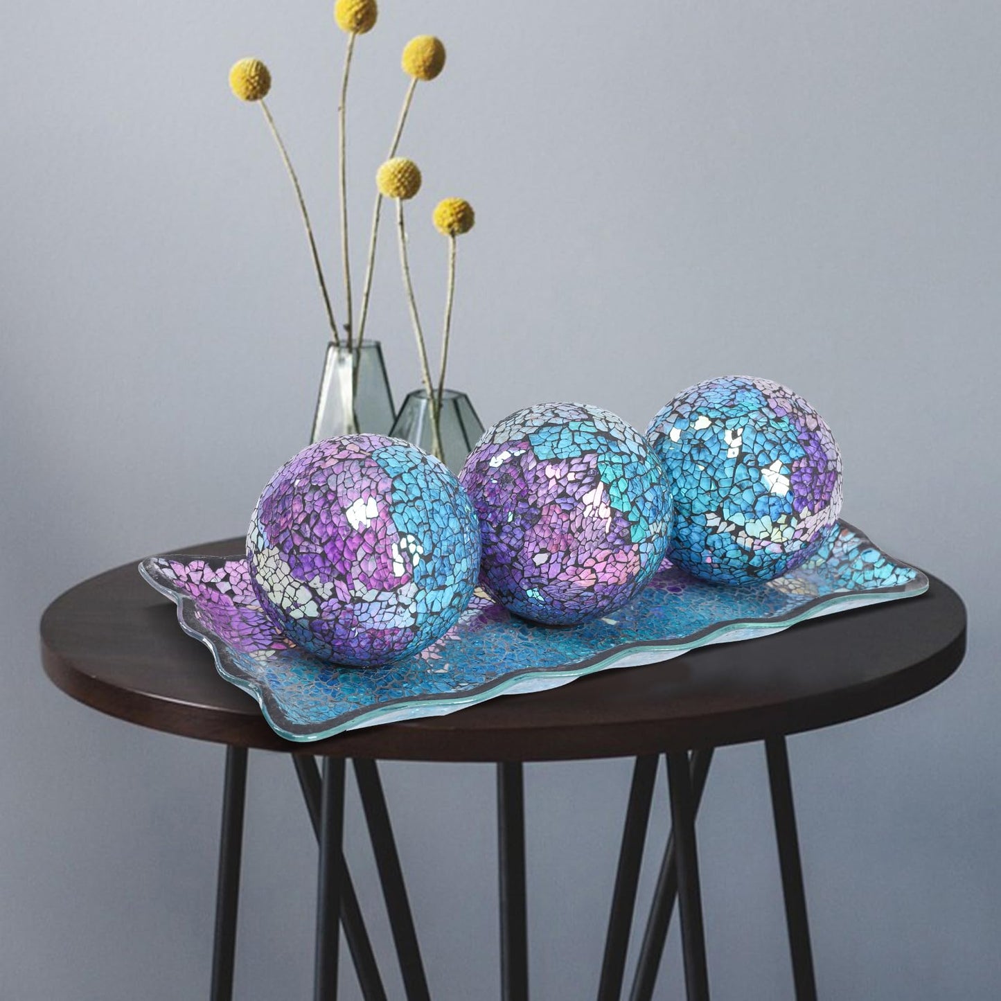 Afirst Decorative Ball and Glass Bowl - 4 Inch Mosaic Sphere Centerpiece Table Decorations with Tray for Coffee Table Decor, Living Room,Dining Table,Party,Wedding Decor