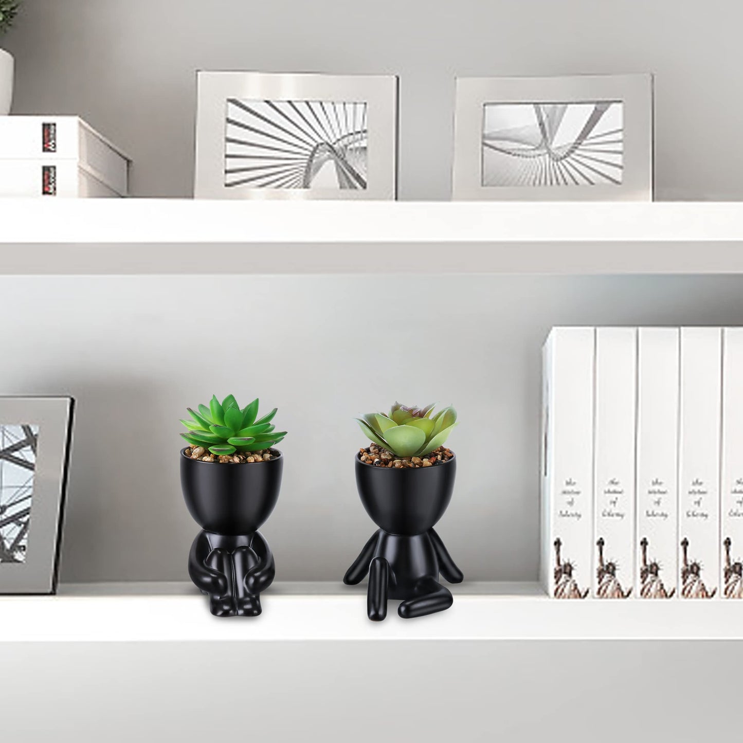 WOODWORD Fake Succulent, Mini Succulents Plants Artificial in Black Modern Human Shaped Ceramic Pots Desk Decor Desk Plant for Office Decor for Women, Cute Fake Plants Bathroom Decor 2PCS