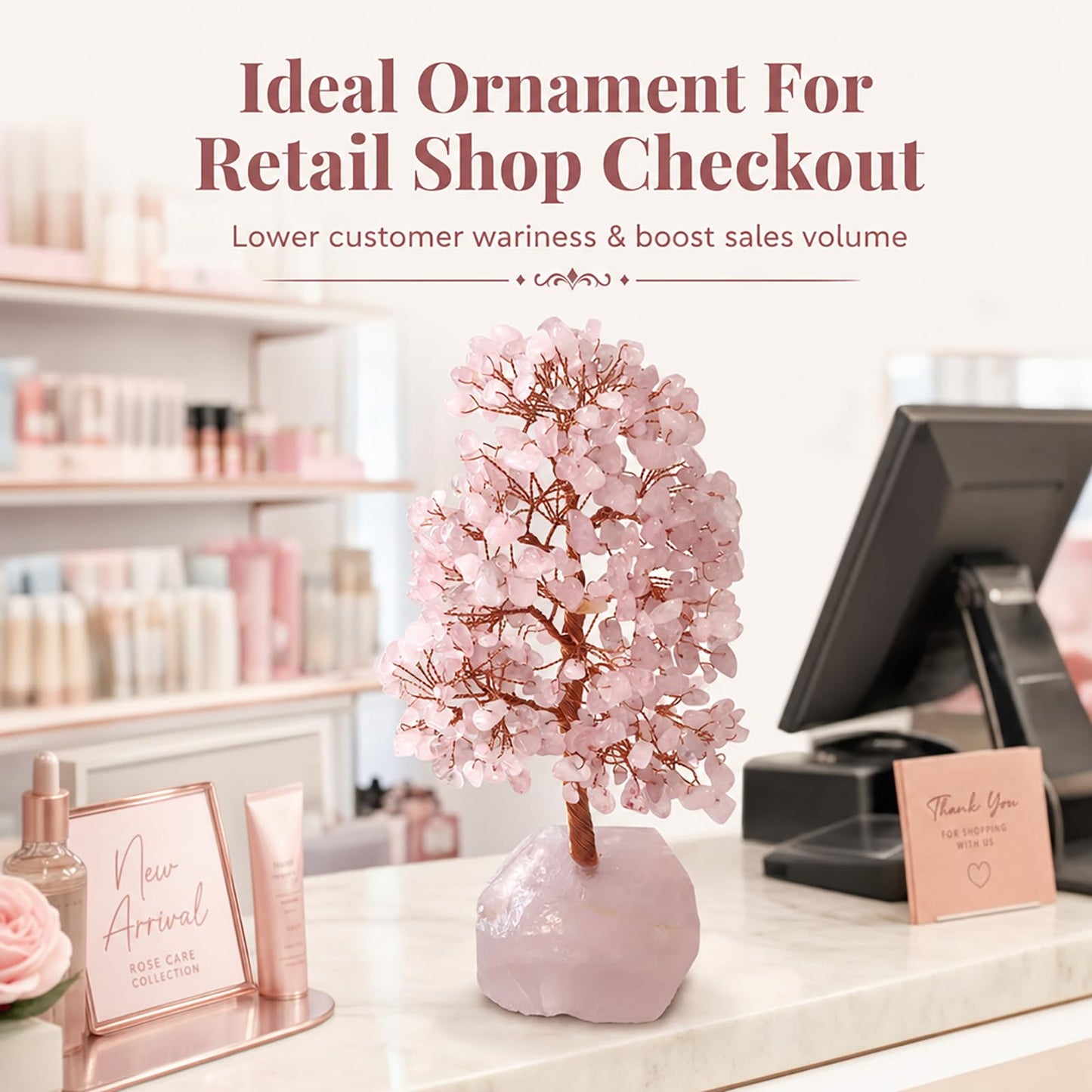 Fatonio Natural Rose Quartz Crystal Tree with Raw Rose Quartz Base