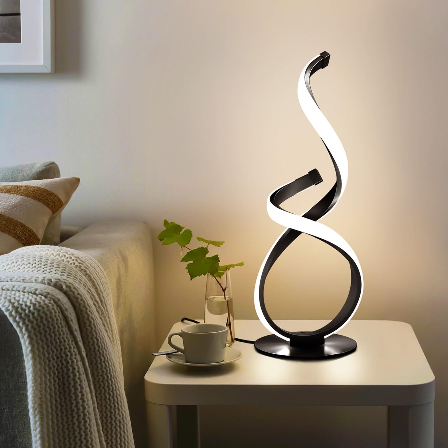JIOODICH. Modern Touch Lamp for Nightstand, Spiral LED Table Lamp, Dimmable 3 Color Temperature Night Stand Desk Lamp, Unique Bedside Light for Living Room, Bedroom, Cool Lamps for Ideal Gift, Black