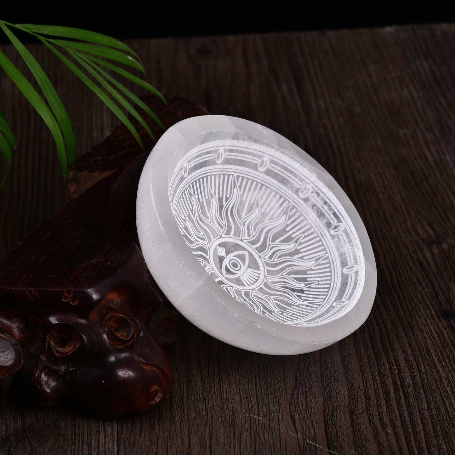 AMOYSTONE Selenite Crystal Bowl 4" Round Jewelry Crystal Charging Station Dish Etched Pattern Demon Eye #2