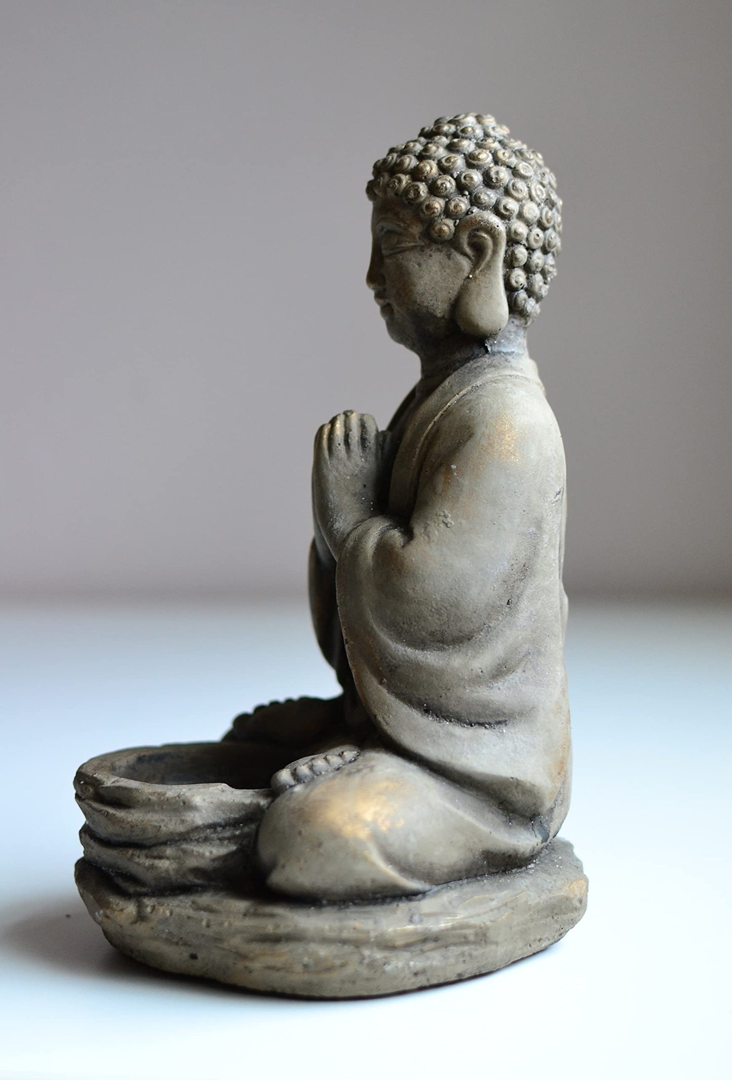 Biedermann & Sons Stone Buddha Tea Light Candle Holder – 6" W x 8" H Zen Meditation Statue, Light Gray with Gold Accents – Tealight Decor for Yoga Room, Altar, Spa, Feng Shui Home Gift