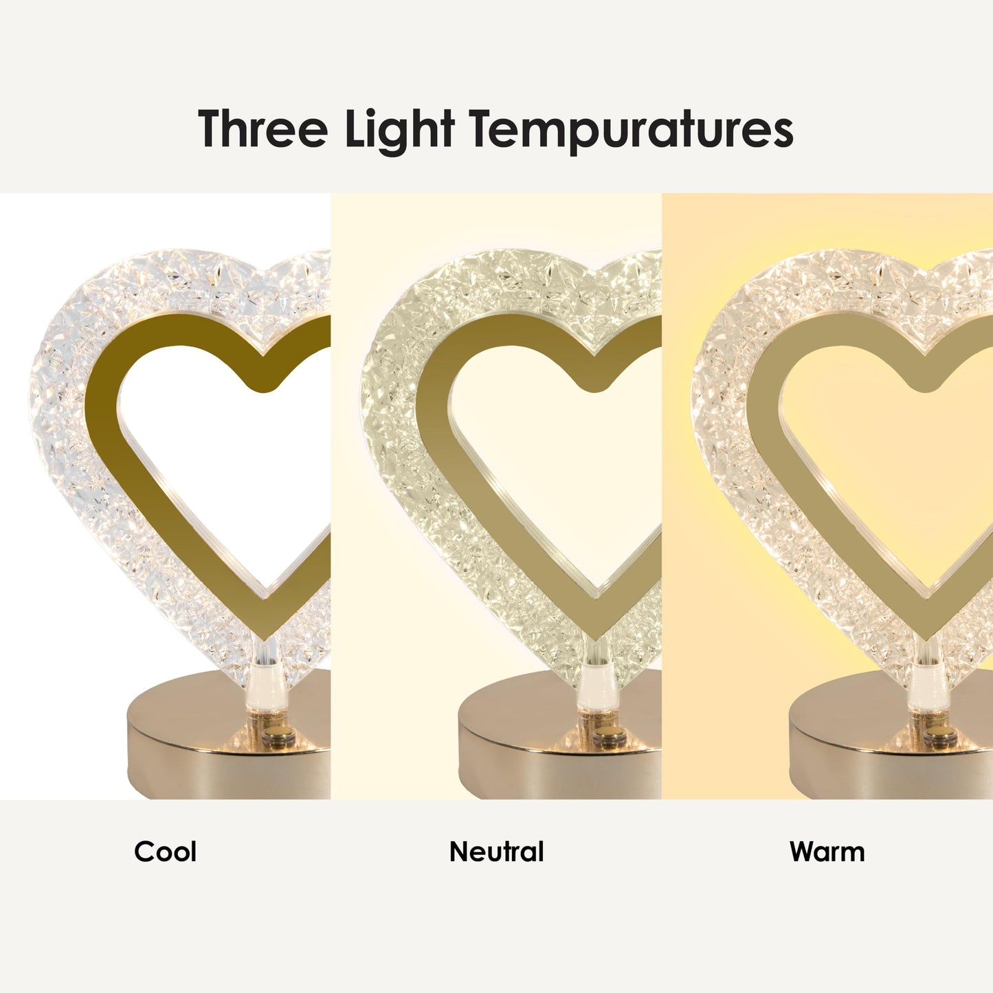 Luze Rechargeable Crystal Heart Touch Lamp - LED Night Lamp with Stepless Dimming, Warm White/Natural White/White Light, 18650 800mAh Battery, USB Cable, Touch Switch Metal Plastic Bedside Light