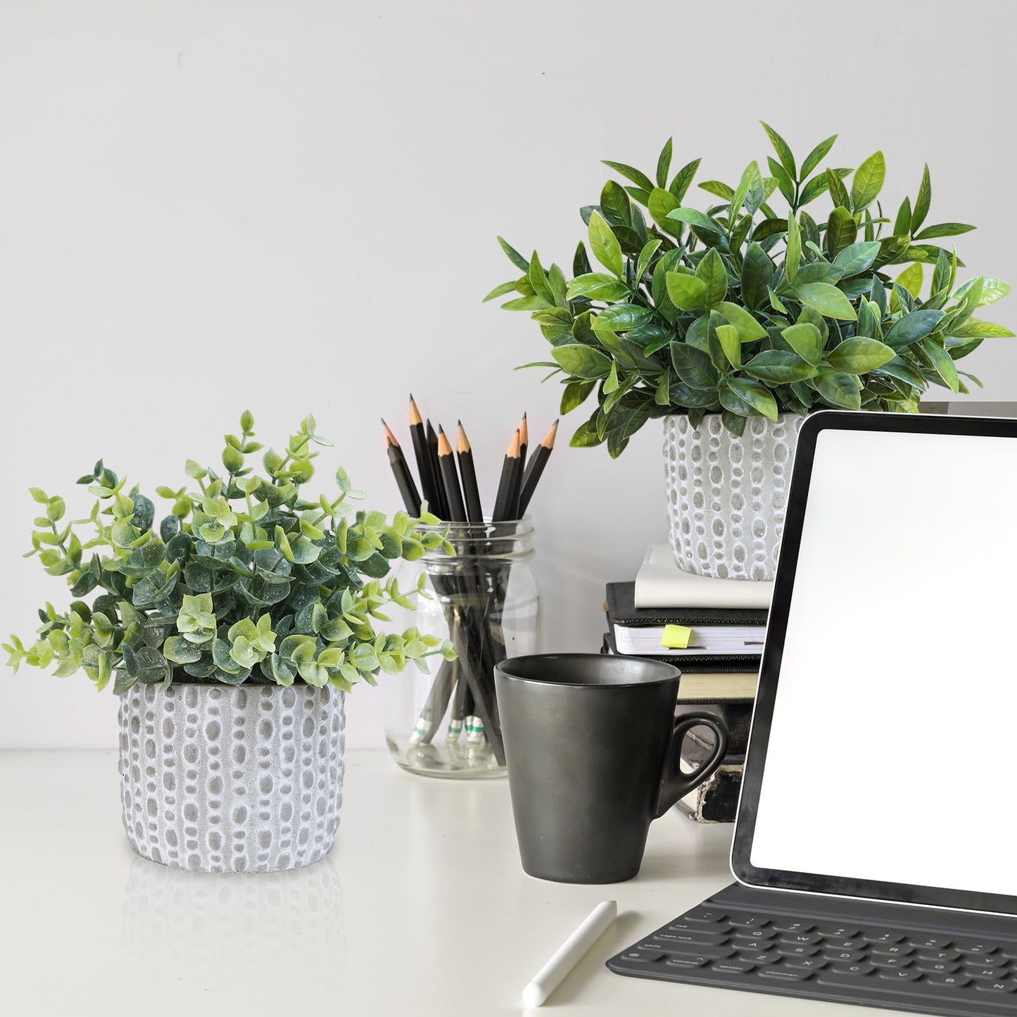 Winlyn 3 Pcs Artificial Potted Plants - Faux Eucalyptus, Boxwood, Rosemary, Greenery in Small Concrete Pots -Desk, Table, Shelf, Windowsill Decor for Indoor Outdoor Home Office