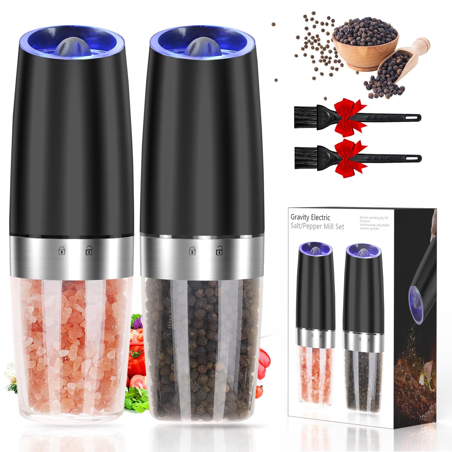 Gravity Electric Salt and Pepper Grinder Set Automatic Salt and Pepper Grinder Set with LED Light, Battery Operated, Adjustable Coarseness, Large Capacity, for Home Kitchen BBQ (Black 2 Pack)
