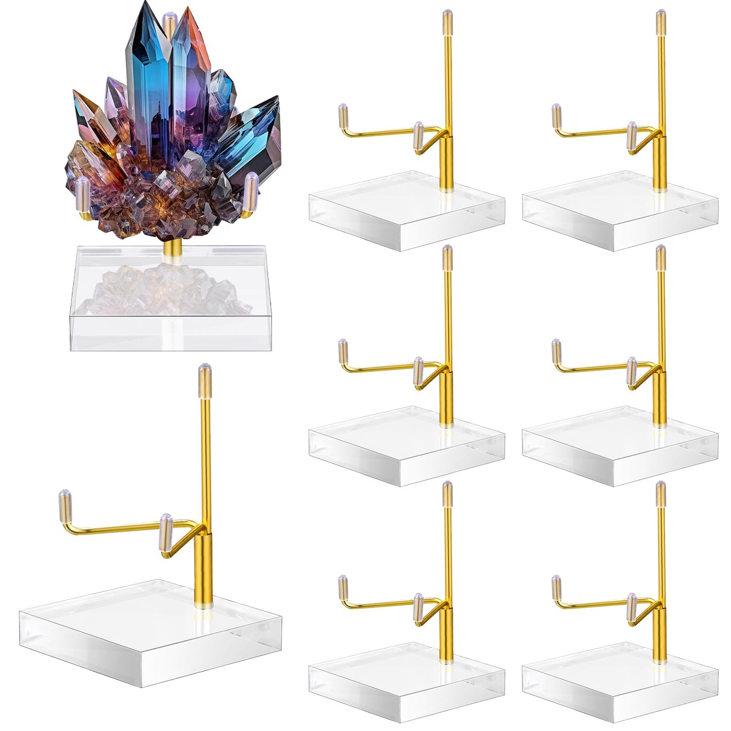Kigley 8 Pcs Adjustable Metal Arm Display Stand Crystal Holder Easel Display with Acrylic Base Easel Rock Mineral Stand for Geodes Mineral Agate Collection(Gold,2 x 2 x 3.5 Inch)