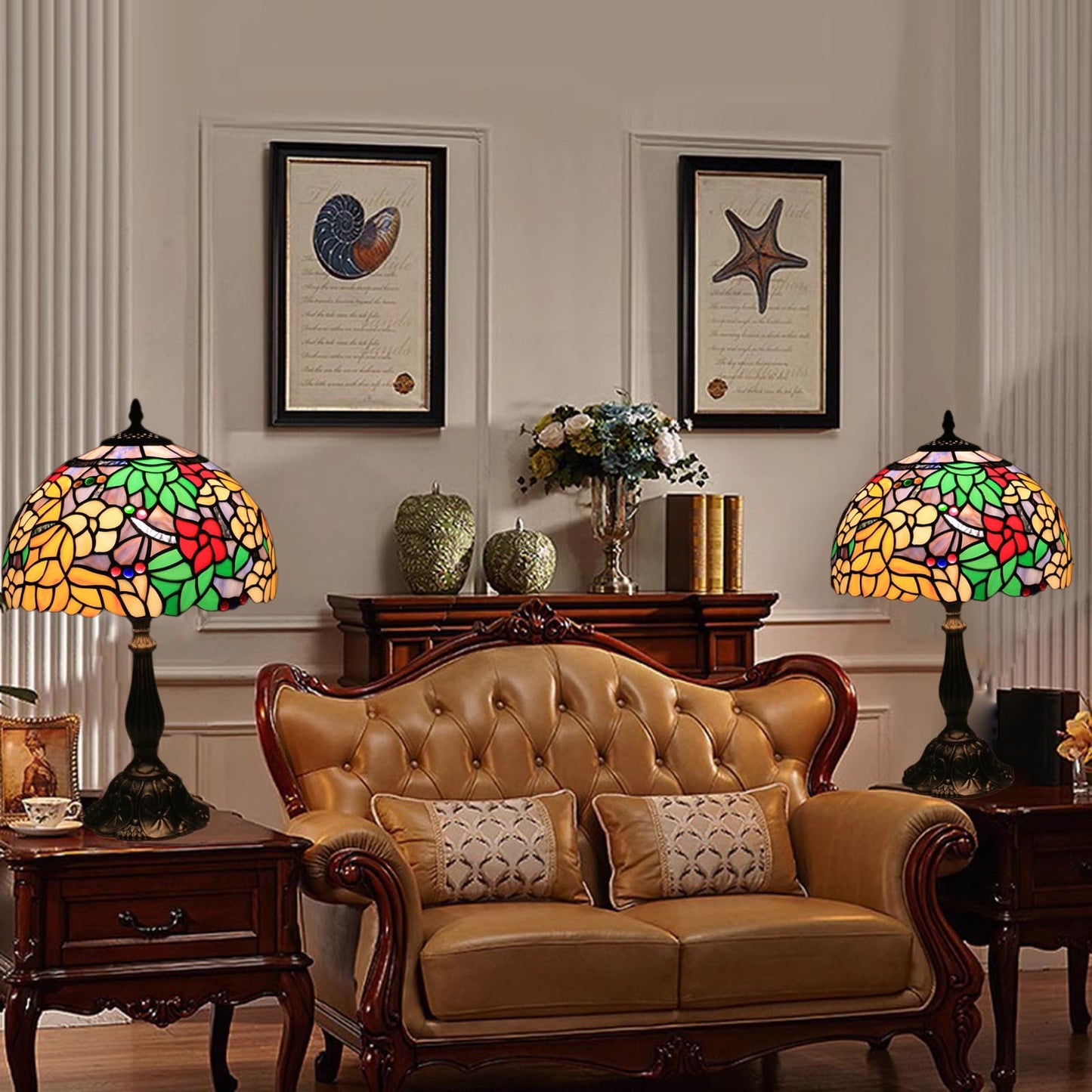 tuomoxte Tiffany Table Lamp for Living Room,Camellia Flower Stained Glass Lamp Shades for Bedside Nightstand Table LampsW/LED Bulb,12X12X19 Inch Tall Home Office Reading Dining Room Desk Lamps